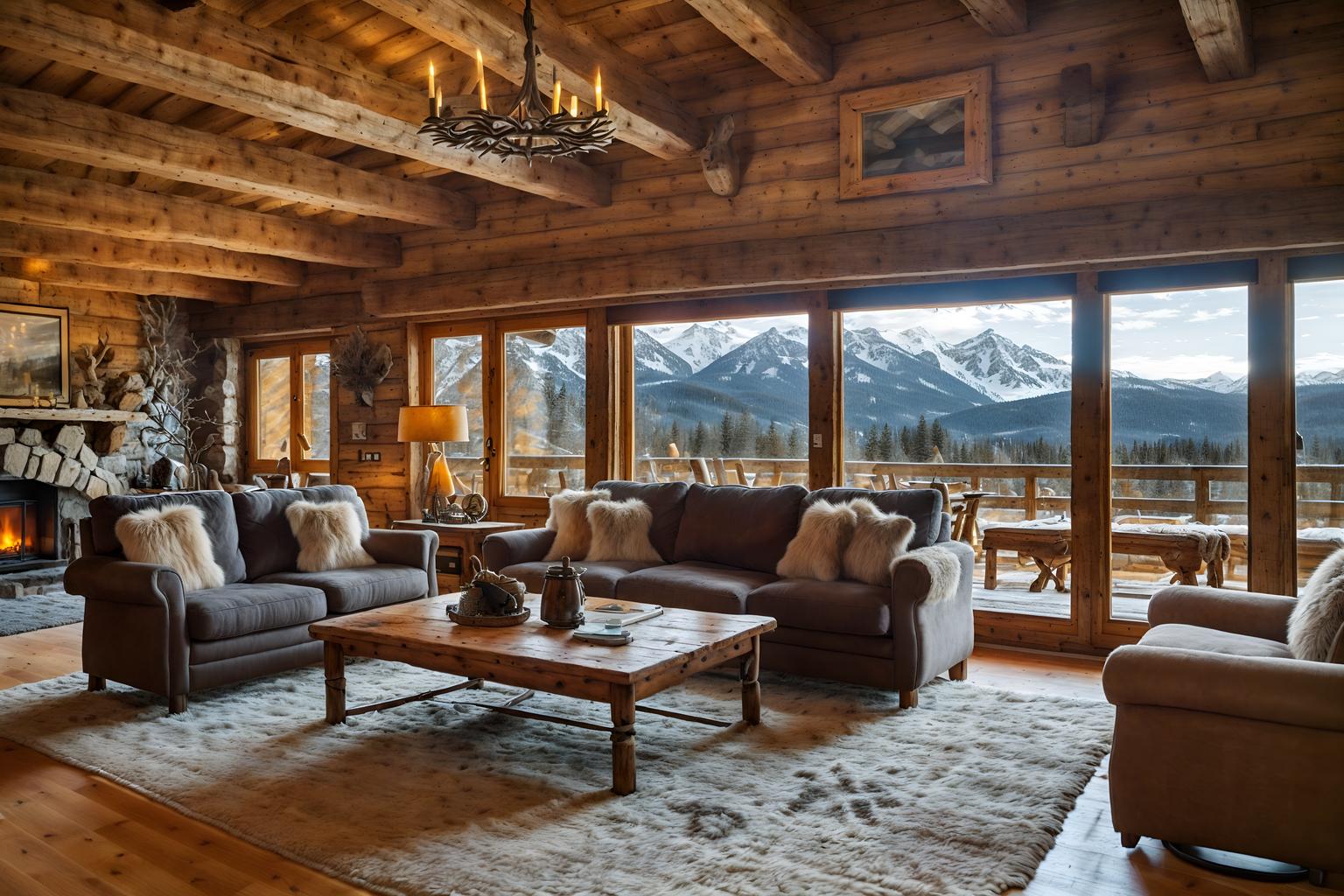 Ski chalet-style (living room interior) With rug and coffee tables and televisions and occasional tables and furniture and electric lamps and chairs and sofa. . With layered textiles and wooden walls and animal furs and exposed construction beams and richly patterned fabrics and window with mountain views and stone fireplace and hanging wall elk antler. . Cinematic photo, highly detailed, cinematic lighting, ultra-detailed, ultrarealistic, photorealism, 8k. Ski chalet interior design style