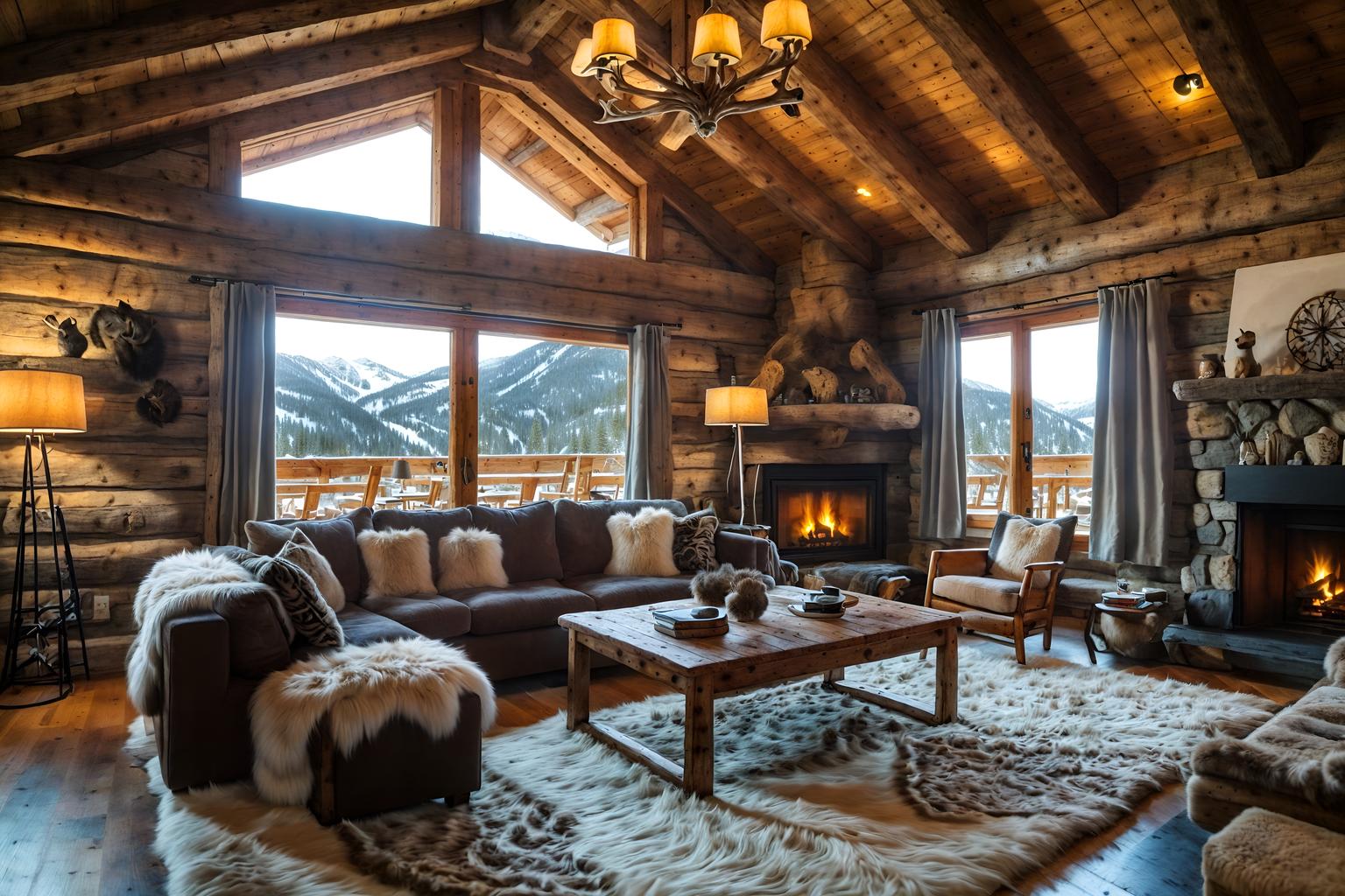Ski chalet-style (living room interior) With rug and coffee tables and televisions and occasional tables and furniture and electric lamps and chairs and sofa. . With layered textiles and wooden walls and animal furs and exposed construction beams and richly patterned fabrics and window with mountain views and stone fireplace and hanging wall elk antler. . Cinematic photo, highly detailed, cinematic lighting, ultra-detailed, ultrarealistic, photorealism, 8k. Ski chalet interior design style