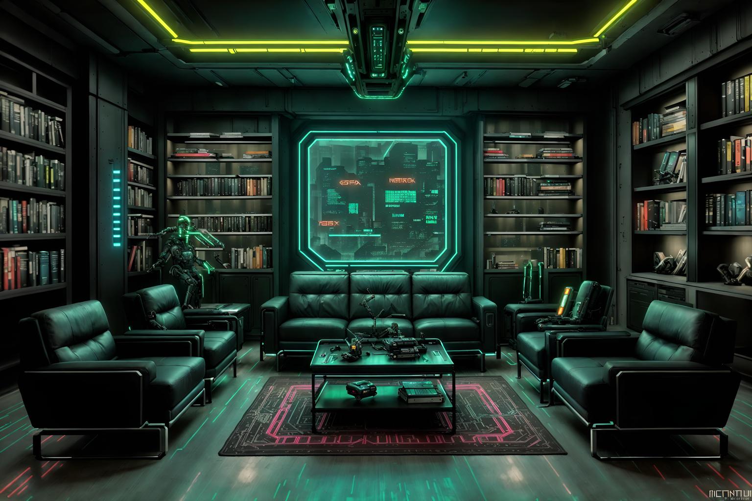 Cyberpunk-style (living room interior) With bookshelves and chairs and plant and coffee tables and furniture and occasional tables and sofa and rug. . With futuristic cybernetic details and synthetic objects and color lights glow and military uniforms and gear and clean straight square lines and bladerunner lights and cyberpunk style and cyberpunk lights. . Cinematic photo, highly detailed, cinematic lighting, ultra-detailed, ultrarealistic, photorealism, 8k. Cyberpunk interior design style