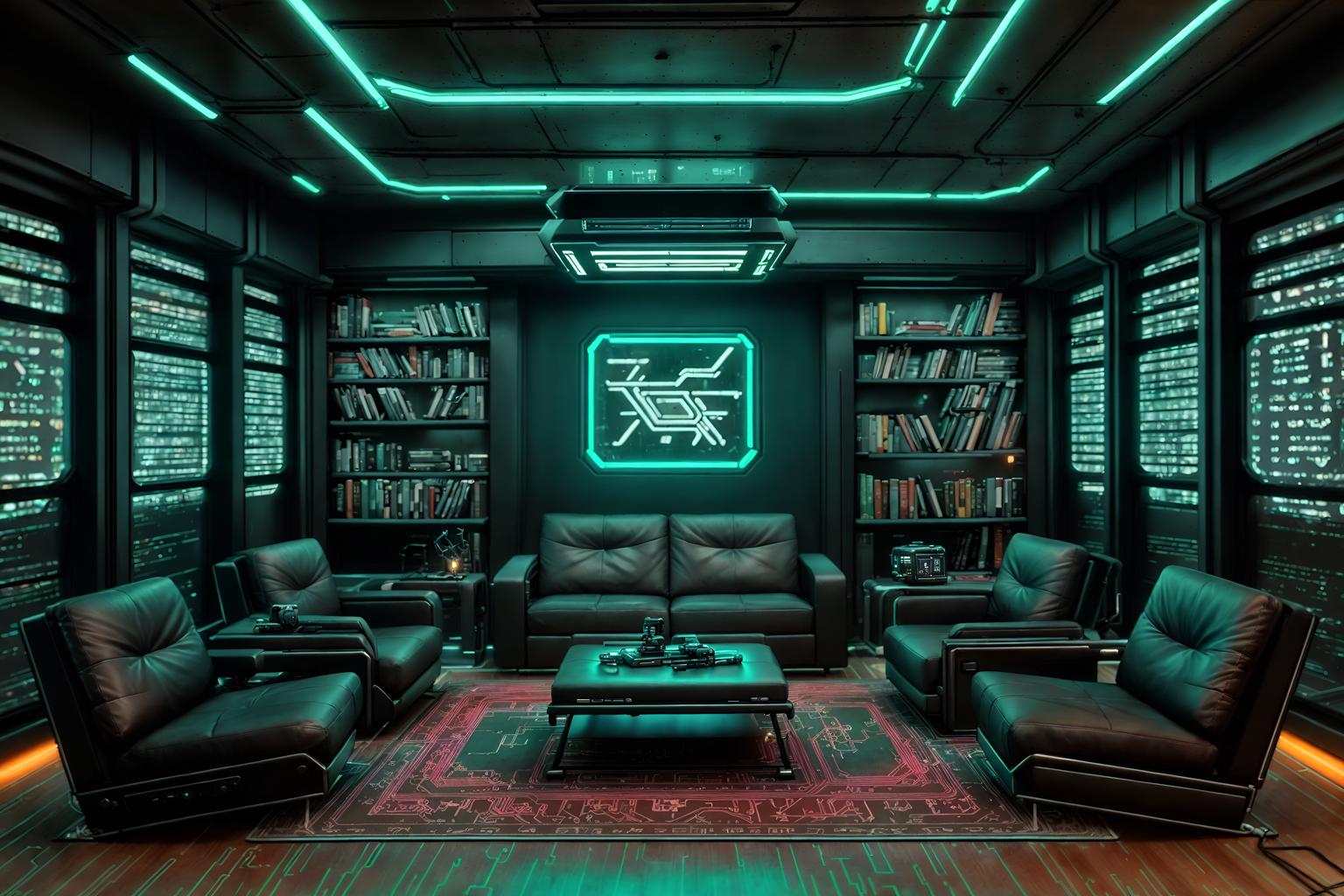 Cyberpunk-style (living room interior) With bookshelves and chairs and plant and coffee tables and furniture and occasional tables and sofa and rug. . With futuristic cybernetic details and synthetic objects and color lights glow and military uniforms and gear and clean straight square lines and bladerunner lights and cyberpunk style and cyberpunk lights. . Cinematic photo, highly detailed, cinematic lighting, ultra-detailed, ultrarealistic, photorealism, 8k. Cyberpunk interior design style