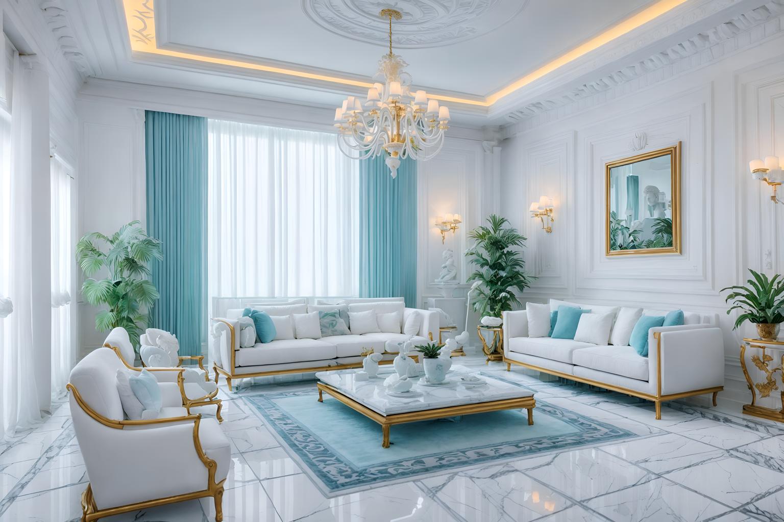 Vaporwave-style (living room interior) With coffee tables and sofa and televisions and plant and rug and chairs and furniture and electric lamps. . With baby blue and white square bathroom tiles and palm trees and white square bathroom tiles and white Roman statues, white Roman sculptures, white Roman columns, white Roman pillars in the center of the room, and white square bathroom tiles and white Roman statues, white Roman sculptures, white Roman columns, white Roman pillars in the center of the room, and japanese letters on wall. . Cinematic photo, highly detailed, cinematic lighting, ultra-detailed, ultrarealistic, photorealism, 8k. Vaporwave interior design style