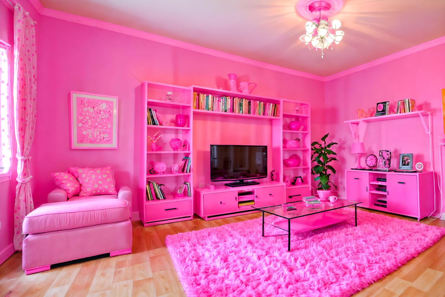 Hot pink-style (living room interior) With televisions and furniture and chairs and coffee tables and plant and bookshelves and electric lamps and rug. . With Barbie sofa and Barbie style interior and hot pink Barbie colors and hot pink Barbie walls and Barbie chairs and Barbie bold rosy hues like fuchsia and magenta and Barbie closet and Barbie plastic interior. . Cinematic photo, highly detailed, cinematic lighting, ultra-detailed, ultrarealistic, photorealism, 8k. Hot pink interior design style