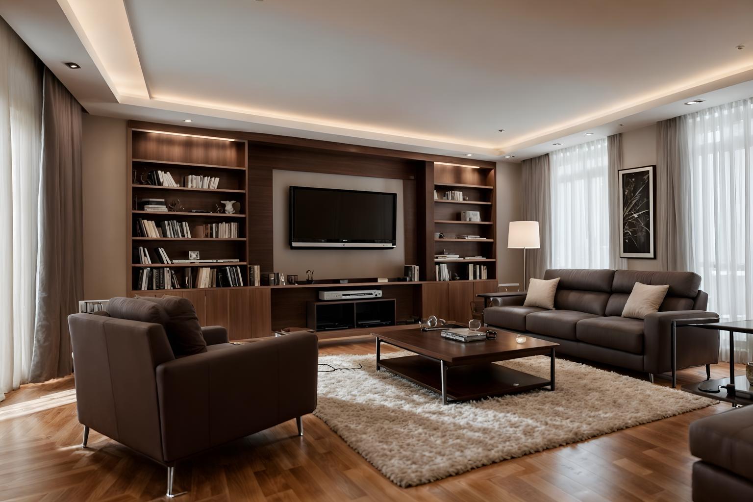 Contemporary-style (living room interior) With coffee tables and plant and chairs and electric lamps and bookshelves and televisions and occasional tables and sofa. . With . . Cinematic photo, highly detailed, cinematic lighting, ultra-detailed, ultrarealistic, photorealism, 8k. Contemporary interior design style