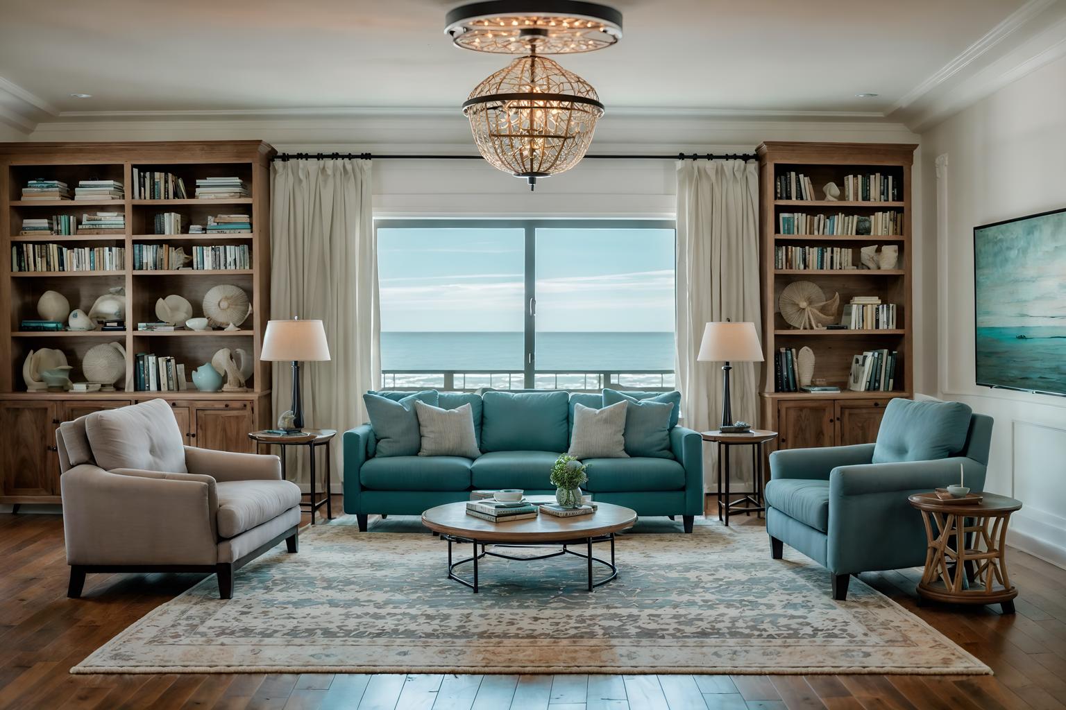 Coastal-style (living room interior) With rug and bookshelves and electric lamps and furniture and occasional tables and chairs and coffee tables and televisions. . With . . Cinematic photo, highly detailed, cinematic lighting, ultra-detailed, ultrarealistic, photorealism, 8k. Coastal interior design style