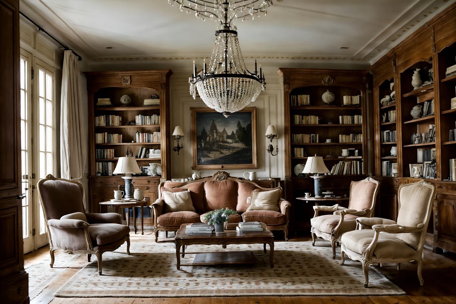 French country-style (living room interior) With chairs and sofa and rug and bookshelves and furniture and coffee tables and electric lamps and occasional tables. . With . . Cinematic photo, highly detailed, cinematic lighting, ultra-detailed, ultrarealistic, photorealism, 8k. French country interior design style