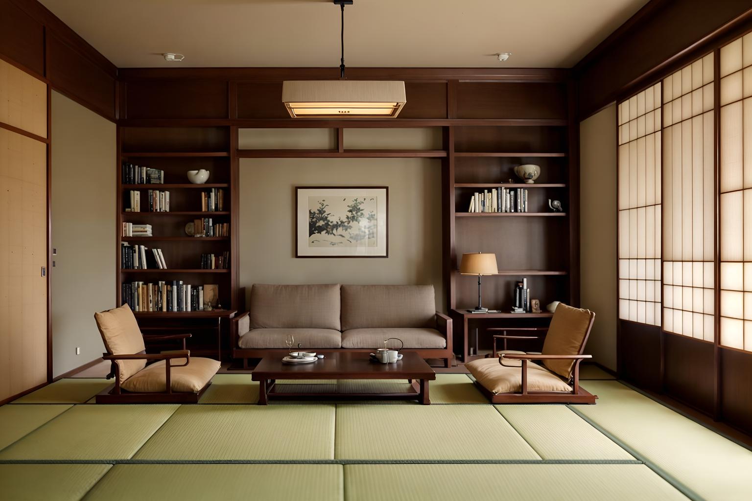 Japanese design-style (living room interior) With sofa and bookshelves and electric lamps and occasional tables and coffee tables and plant and chairs and furniture. . With . . Cinematic photo, highly detailed, cinematic lighting, ultra-detailed, ultrarealistic, photorealism, 8k. Japanese design interior design style