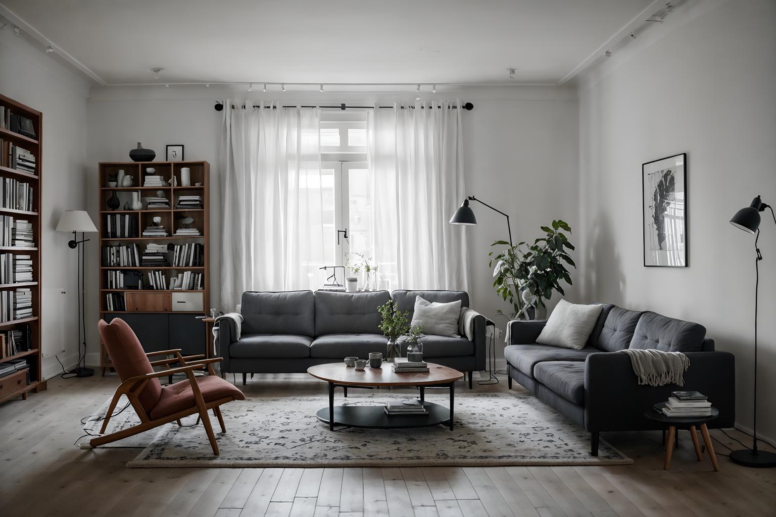 Scandinavian-style (living room interior) With furniture and sofa and coffee tables and electric lamps and rug and bookshelves and occasional tables and chairs. . With . . Cinematic photo, highly detailed, cinematic lighting, ultra-detailed, ultrarealistic, photorealism, 8k. Scandinavian interior design style