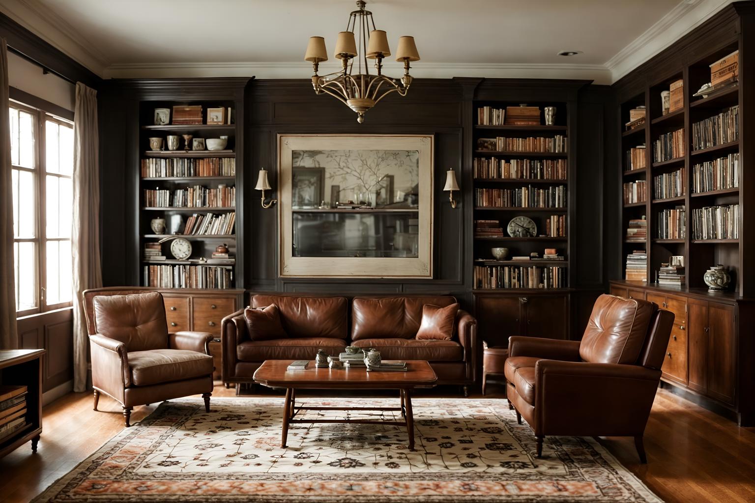 Vintage-style (living room interior) With occasional tables and chairs and rug and bookshelves and furniture and televisions and coffee tables and sofa. . With . . Cinematic photo, highly detailed, cinematic lighting, ultra-detailed, ultrarealistic, photorealism, 8k. Vintage interior design style