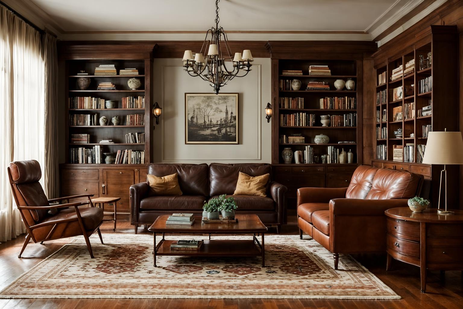 Vintage-style (living room interior) With occasional tables and chairs and rug and bookshelves and furniture and televisions and coffee tables and sofa. . With . . Cinematic photo, highly detailed, cinematic lighting, ultra-detailed, ultrarealistic, photorealism, 8k. Vintage interior design style