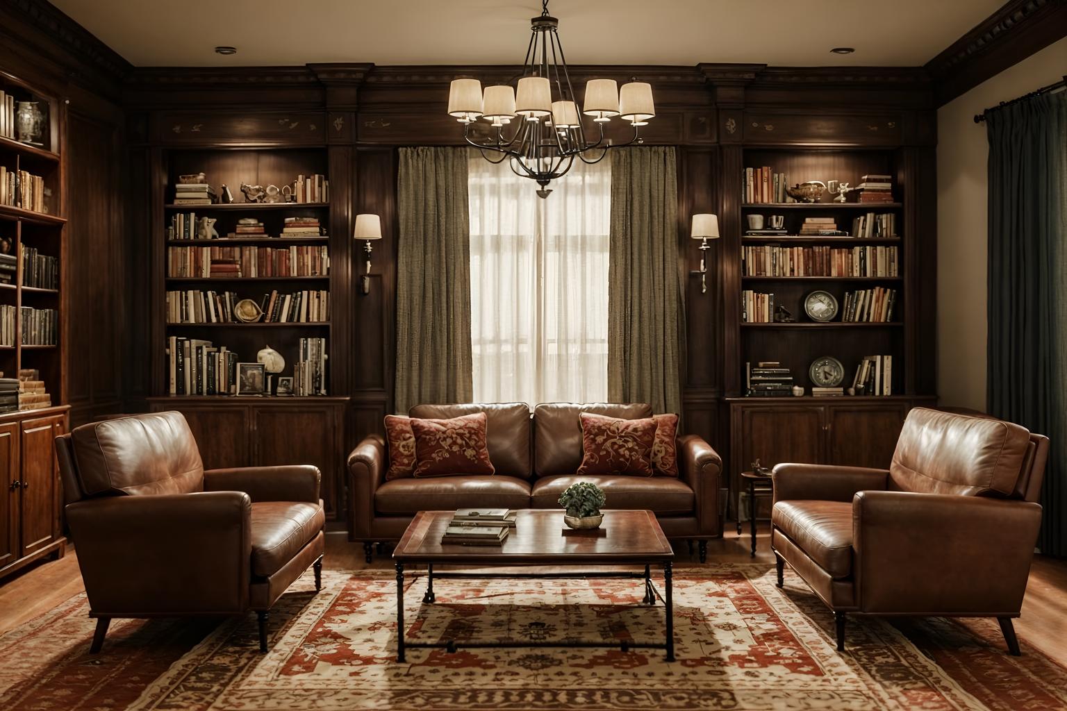 Vintage-style (living room interior) With occasional tables and chairs and rug and bookshelves and furniture and televisions and coffee tables and sofa. . With . . Cinematic photo, highly detailed, cinematic lighting, ultra-detailed, ultrarealistic, photorealism, 8k. Vintage interior design style