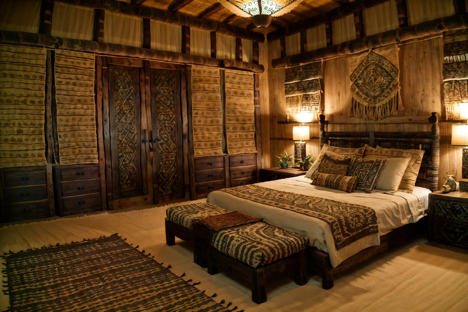 Tribal-style (bedroom interior) With mirror and bedside table or night stand and plant and bed and headboard and dresser closet and storage bench or ottoman and night light. . With intricate grass weaving and hand dyed batik fabrics and tribal revival and planks of stone and sculptures and artworks and animal prints and animal furslinen and desert colours. . Cinematic photo, highly detailed, cinematic lighting, ultra-detailed, ultrarealistic, photorealism, 8k. Tribal interior design style