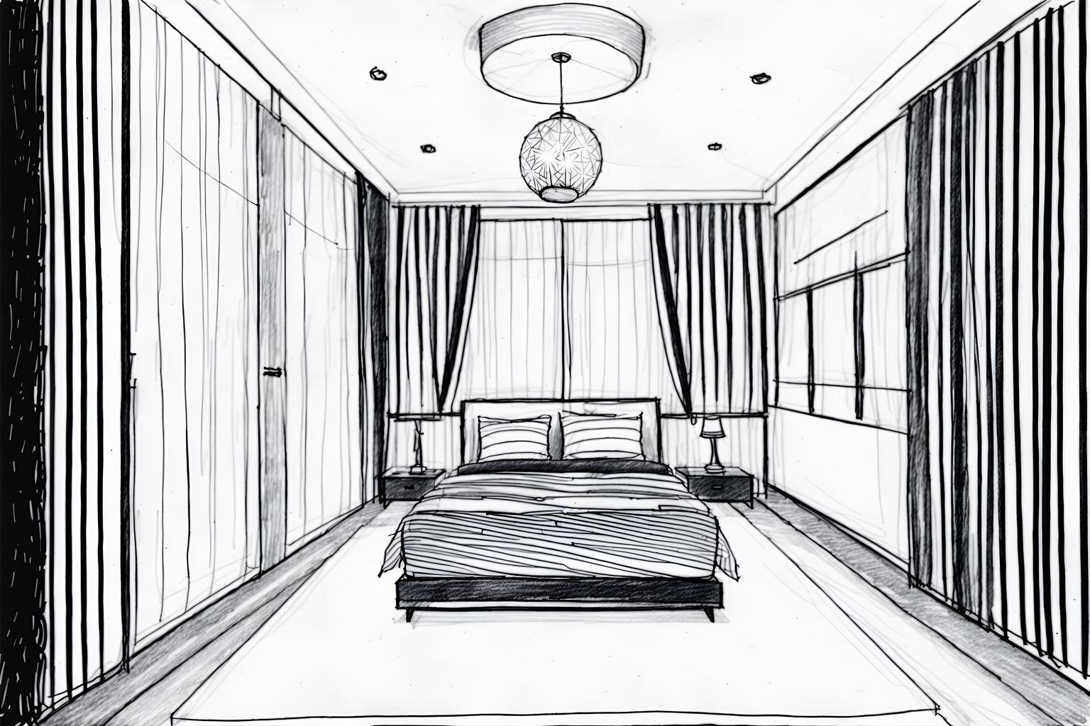 (Hand-drawn monochrome black and white sketch line drawing)++ of Sketch-style (bedroom) apartment interior. A sketch of interior. With . A sketch of interior. With bed and night light and mirror. Trending on Artstation. Black and white line drawing sketch without colors.