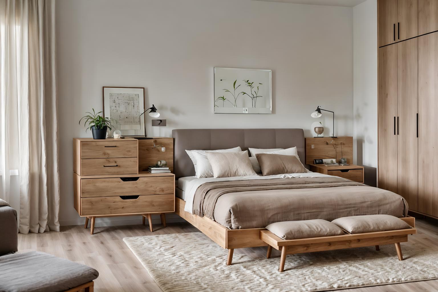 Modern-style (bedroom interior) With plant and mirror and headboard and night light and bedside table or night stand and storage bench or ottoman and accent chair and dresser closet. . With Neutral Walls and Textures and Natural Materials and Elements and Simple, Clean Lines and Simplistic Furniture and Open and Natural Lighting and Practicality and Functionality and Neutral Walls and Textures. . Cinematic photo, highly detailed, cinematic lighting, ultra-detailed, ultrarealistic, photorealism, 8k. Modern interior design style