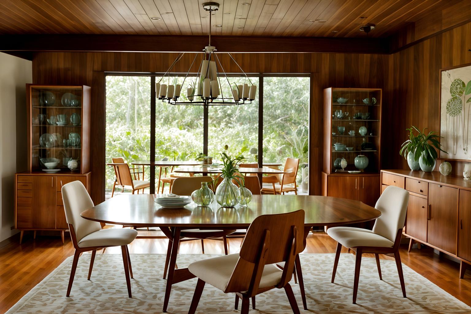 Midcentury modern-style (dining room interior) With dining table chairs and table cloth and vase and light or chandelier and bookshelves and plant and plates, cutlery and glasses on dining table and dining table. . With integrating indoor and outdoor motifs and wood pendant light mid century modern chandelier and clean lines and natural and manmade materials and function over form and nature indoors and graphic shapes and mid century modern mobile chandelier. . Cinematic photo, highly detailed, cinematic lighting, ultra-detailed, ultrarealistic, photorealism, 8k. Midcentury modern interior design style