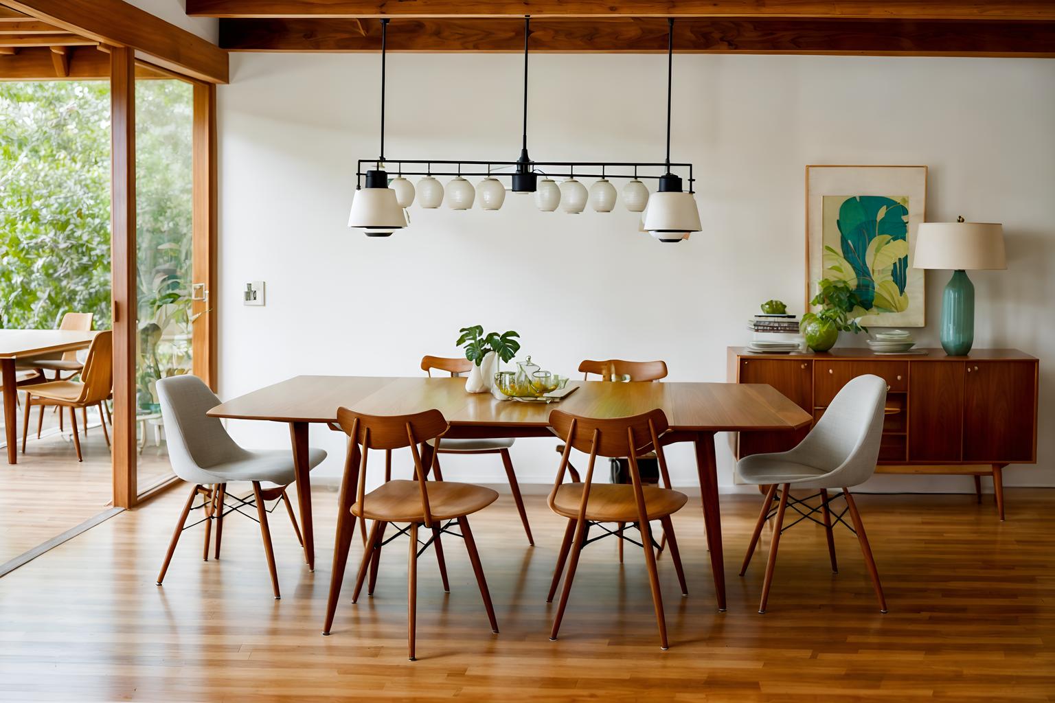 Midcentury modern-style (dining room interior) With dining table chairs and table cloth and vase and light or chandelier and bookshelves and plant and plates, cutlery and glasses on dining table and dining table. . With integrating indoor and outdoor motifs and wood pendant light mid century modern chandelier and clean lines and natural and manmade materials and function over form and nature indoors and graphic shapes and mid century modern mobile chandelier. . Cinematic photo, highly detailed, cinematic lighting, ultra-detailed, ultrarealistic, photorealism, 8k. Midcentury modern interior design style