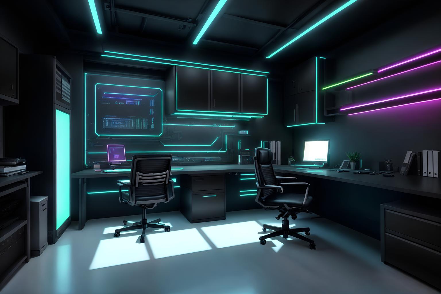 Cyberpunk-style (home office interior) With cabinets and office chair and computer desk and plant and desk lamp and cabinets. . With minimalist and led lights and synthetic objects and strong geometric walls and cyberpunk lights and black lights and color lights glow and clean straight square lines. . Cinematic photo, highly detailed, cinematic lighting, ultra-detailed, ultrarealistic, photorealism, 8k. Cyberpunk interior design style