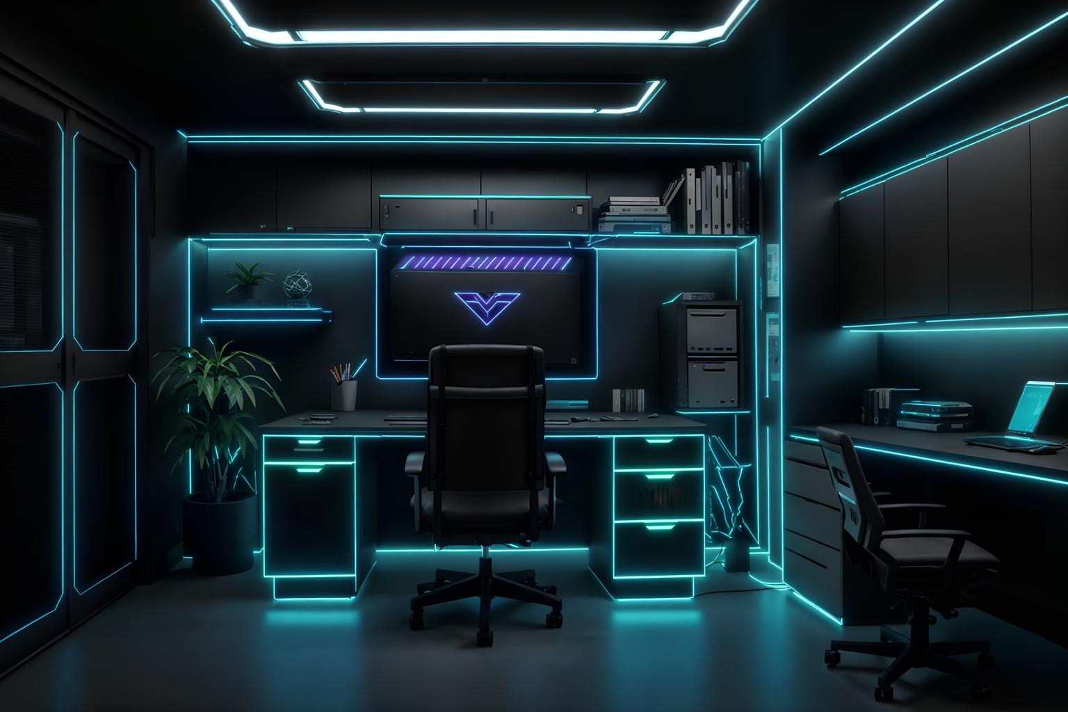 Cyberpunk-style (home office interior) With cabinets and office chair and computer desk and plant and desk lamp and cabinets. . With minimalist and led lights and synthetic objects and strong geometric walls and cyberpunk lights and black lights and color lights glow and clean straight square lines. . Cinematic photo, highly detailed, cinematic lighting, ultra-detailed, ultrarealistic, photorealism, 8k. Cyberpunk interior design style