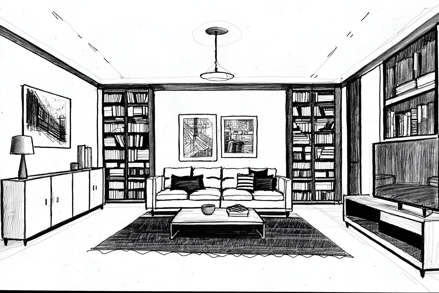 (hand-drawn monochrome black and white sketch line drawing)++ of sketch-style (living room) apartment interior. a sketch of interior. with . a sketch of interior. with bookshelves and televisions and coffee tables. trending on artstation. black and white line drawing sketch without colors. masterpiece, cinematic light, ultrarealistic+, photorealistic+, 8k, raw photo, realistic, sharp focus on eyes, (symmetrical eyes), (intact eyes), hyperrealistic, highest quality, best quality, , highly detailed, masterpiece, best quality, extremely detailed 8k wallpaper, masterpiece, best quality, ultra-detailed, best shadow, detailed background, detailed face, detailed eyes, high contrast, best illumination, detailed face, dulux, caustic, dynamic angle, detailed glow. dramatic lighting. highly detailed, insanely detailed hair, symmetrical, intricate details, professionally retouched, 8k high definition. strong bokeh. award winning photo.