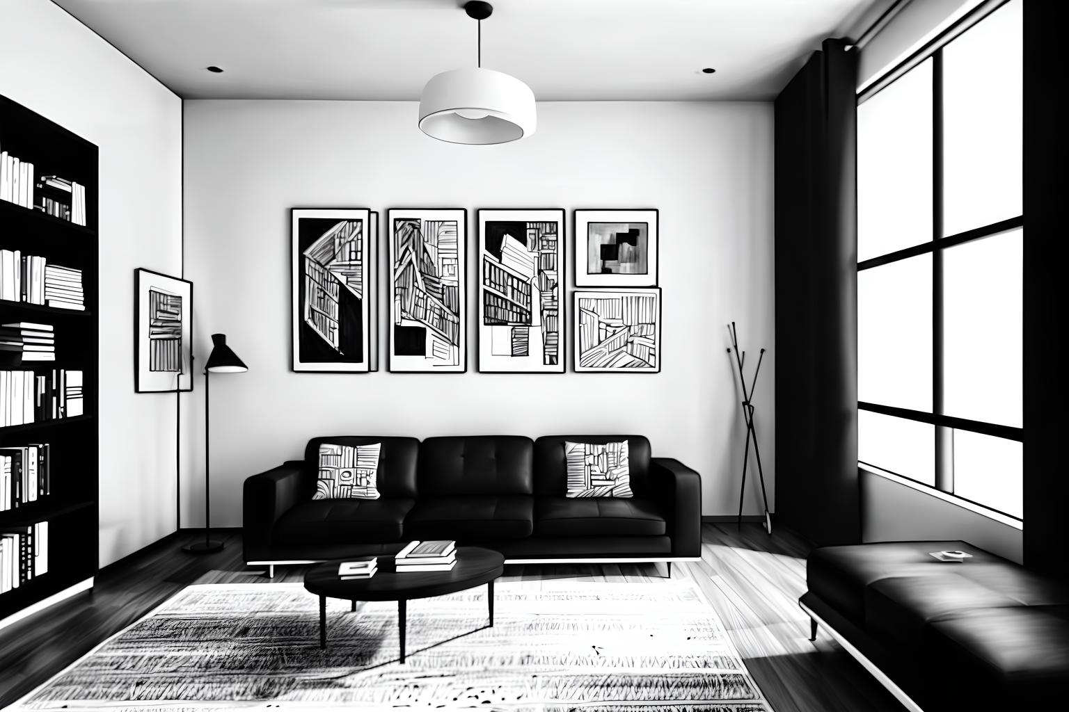 (hand-drawn monochrome black and white sketch line drawing)++ of sketch-style (living room) apartment interior. a sketch of interior. with . a sketch of interior. with bookshelves and televisions and coffee tables. trending on artstation. black and white line drawing sketch without colors. masterpiece, cinematic light, ultrarealistic+, photorealistic+, 8k, raw photo, realistic, sharp focus on eyes, (symmetrical eyes), (intact eyes), hyperrealistic, highest quality, best quality, , highly detailed, masterpiece, best quality, extremely detailed 8k wallpaper, masterpiece, best quality, ultra-detailed, best shadow, detailed background, detailed face, detailed eyes, high contrast, best illumination, detailed face, dulux, caustic, dynamic angle, detailed glow. dramatic lighting. highly detailed, insanely detailed hair, symmetrical, intricate details, professionally retouched, 8k high definition. strong bokeh. award winning photo.