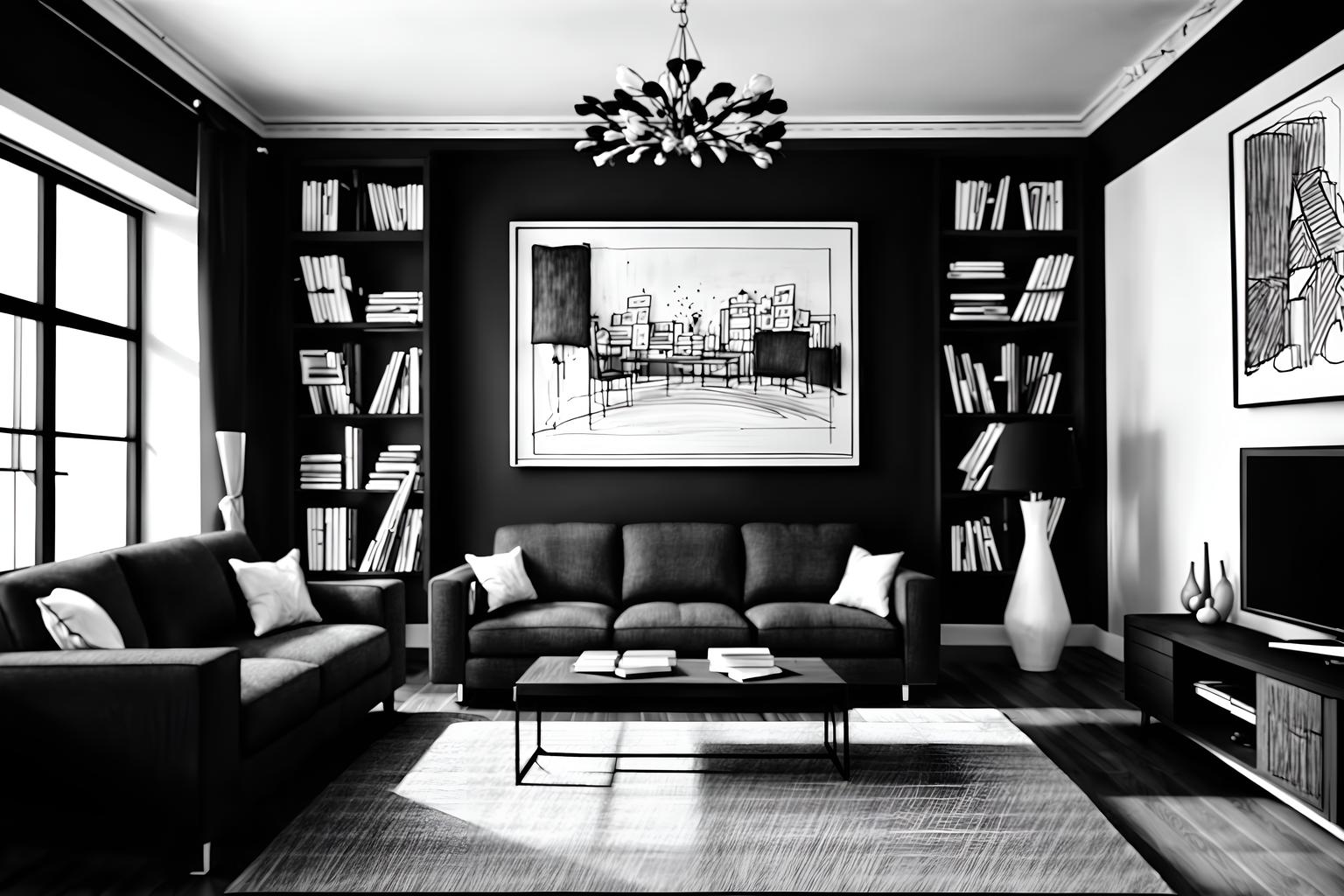 (hand-drawn monochrome black and white sketch line drawing)++ of sketch-style (living room) apartment interior. a sketch of interior. with . a sketch of interior. with bookshelves and televisions and coffee tables. trending on artstation. black and white line drawing sketch without colors. masterpiece, cinematic light, ultrarealistic+, photorealistic+, 8k, raw photo, realistic, sharp focus on eyes, (symmetrical eyes), (intact eyes), hyperrealistic, highest quality, best quality, , highly detailed, masterpiece, best quality, extremely detailed 8k wallpaper, masterpiece, best quality, ultra-detailed, best shadow, detailed background, detailed face, detailed eyes, high contrast, best illumination, detailed face, dulux, caustic, dynamic angle, detailed glow. dramatic lighting. highly detailed, insanely detailed hair, symmetrical, intricate details, professionally retouched, 8k high definition. strong bokeh. award winning photo.