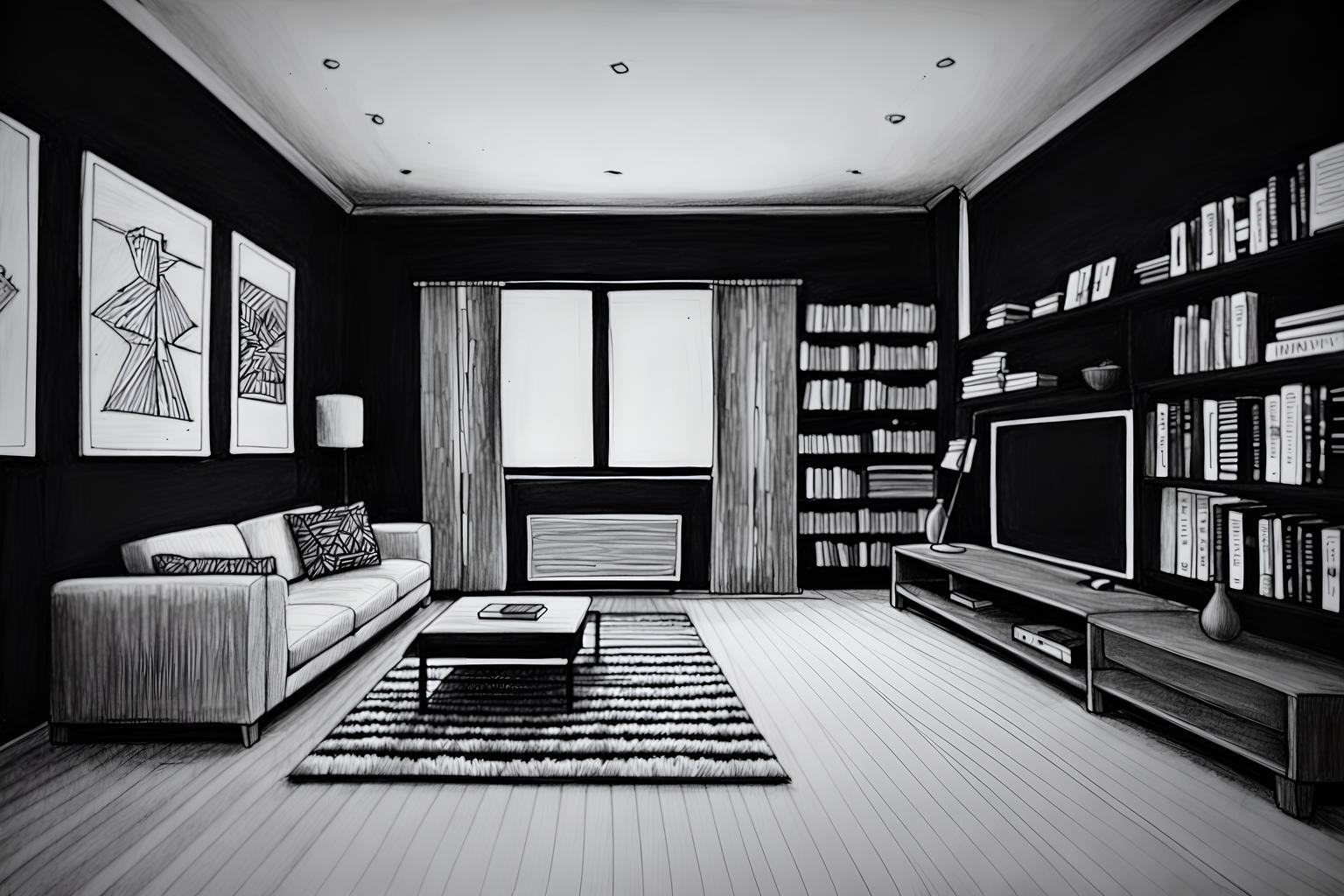 (hand-drawn monochrome black and white sketch line drawing)++ of sketch-style (living room) apartment interior. a sketch of interior. with . a sketch of interior. with bookshelves and televisions and coffee tables. trending on artstation. black and white line drawing sketch without colors. masterpiece, cinematic light, ultrarealistic+, photorealistic+, 8k, raw photo, realistic, sharp focus on eyes, (symmetrical eyes), (intact eyes), hyperrealistic, highest quality, best quality, , highly detailed, masterpiece, best quality, extremely detailed 8k wallpaper, masterpiece, best quality, ultra-detailed, best shadow, detailed background, detailed face, detailed eyes, high contrast, best illumination, detailed face, dulux, caustic, dynamic angle, detailed glow. dramatic lighting. highly detailed, insanely detailed hair, symmetrical, intricate details, professionally retouched, 8k high definition. strong bokeh. award winning photo.