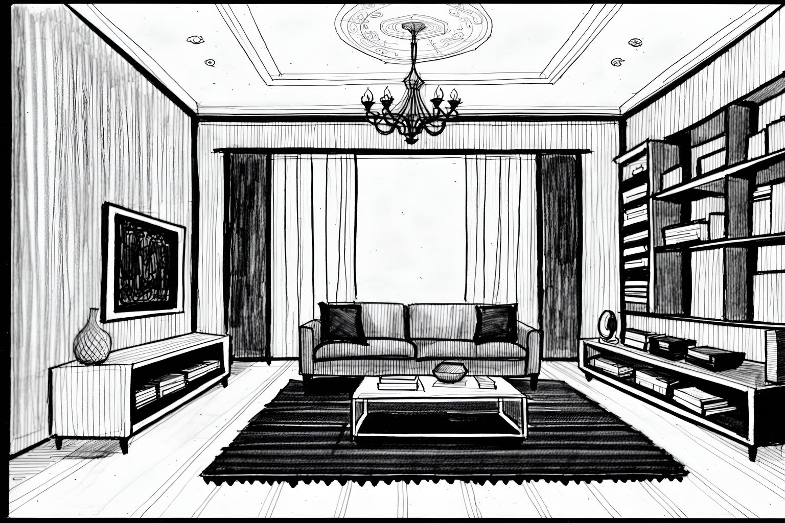 (hand-drawn monochrome black and white sketch line drawing)++ of sketch-style (living room) apartment interior. a sketch of interior. with . a sketch of interior. with bookshelves and televisions and coffee tables. trending on artstation. black and white line drawing sketch without colors. masterpiece, cinematic light, ultrarealistic+, photorealistic+, 8k, raw photo, realistic, sharp focus on eyes, (symmetrical eyes), (intact eyes), hyperrealistic, highest quality, best quality, , highly detailed, masterpiece, best quality, extremely detailed 8k wallpaper, masterpiece, best quality, ultra-detailed, best shadow, detailed background, detailed face, detailed eyes, high contrast, best illumination, detailed face, dulux, caustic, dynamic angle, detailed glow. dramatic lighting. highly detailed, insanely detailed hair, symmetrical, intricate details, professionally retouched, 8k high definition. strong bokeh. award winning photo.