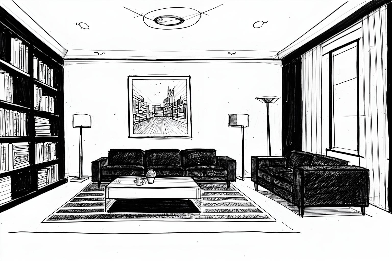 (hand-drawn monochrome black and white sketch line drawing)++ of sketch-style (living room) apartment interior. a sketch of interior. with . a sketch of interior. with bookshelves and televisions and coffee tables. trending on artstation. black and white line drawing sketch without colors. masterpiece, cinematic light, ultrarealistic+, photorealistic+, 8k, raw photo, realistic, sharp focus on eyes, (symmetrical eyes), (intact eyes), hyperrealistic, highest quality, best quality, , highly detailed, masterpiece, best quality, extremely detailed 8k wallpaper, masterpiece, best quality, ultra-detailed, best shadow, detailed background, detailed face, detailed eyes, high contrast, best illumination, detailed face, dulux, caustic, dynamic angle, detailed glow. dramatic lighting. highly detailed, insanely detailed hair, symmetrical, intricate details, professionally retouched, 8k high definition. strong bokeh. award winning photo.