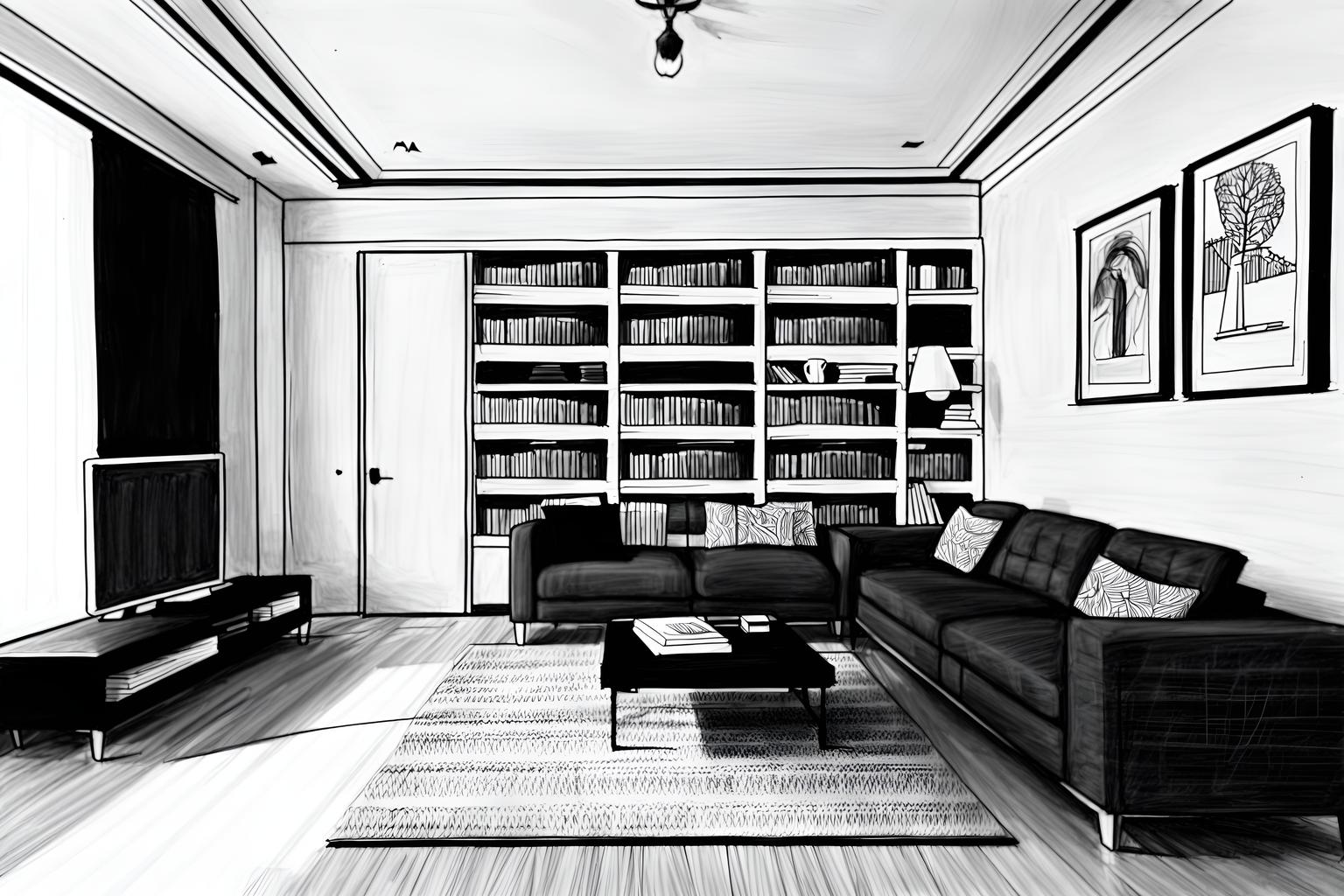 (hand-drawn monochrome black and white sketch line drawing)++ of sketch-style (living room) apartment interior. a sketch of interior. with . a sketch of interior. with bookshelves and televisions and coffee tables. trending on artstation. black and white line drawing sketch without colors. masterpiece, cinematic light, ultrarealistic+, photorealistic+, 8k, raw photo, realistic, sharp focus on eyes, (symmetrical eyes), (intact eyes), hyperrealistic, highest quality, best quality, , highly detailed, masterpiece, best quality, extremely detailed 8k wallpaper, masterpiece, best quality, ultra-detailed, best shadow, detailed background, detailed face, detailed eyes, high contrast, best illumination, detailed face, dulux, caustic, dynamic angle, detailed glow. dramatic lighting. highly detailed, insanely detailed hair, symmetrical, intricate details, professionally retouched, 8k high definition. strong bokeh. award winning photo.