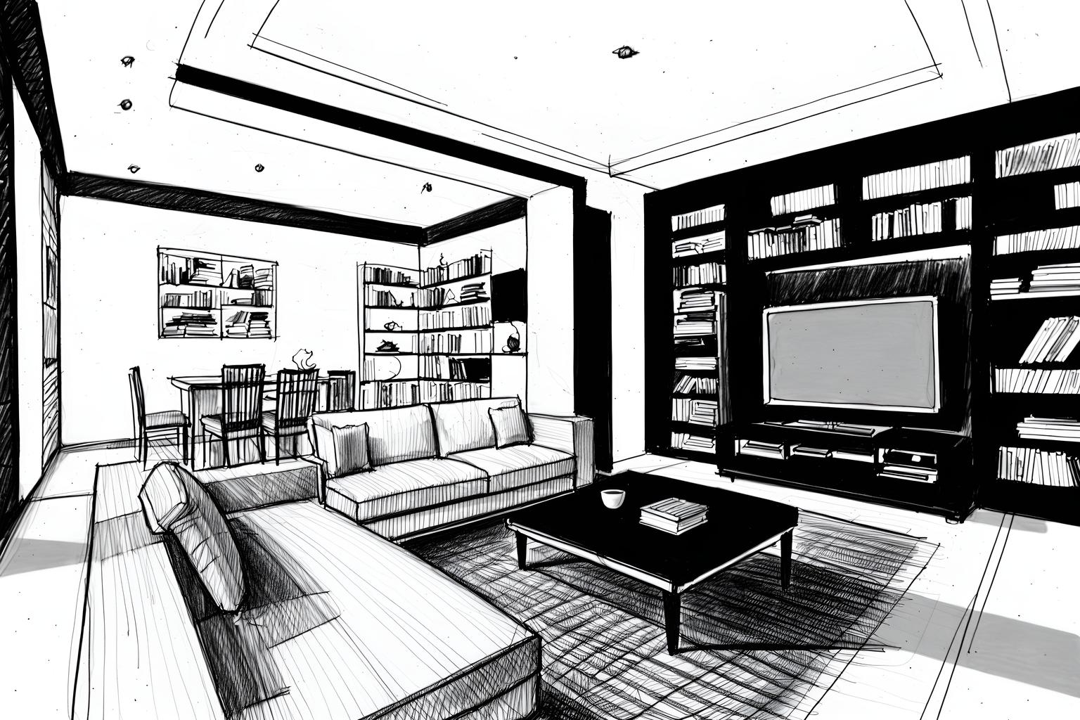 (hand-drawn monochrome black and white sketch line drawing)++ of sketch-style (living room) apartment interior. a sketch of interior. with . a sketch of interior. with bookshelves and televisions and coffee tables. trending on artstation. black and white line drawing sketch without colors. masterpiece, cinematic light, ultrarealistic+, photorealistic+, 8k, raw photo, realistic, sharp focus on eyes, (symmetrical eyes), (intact eyes), hyperrealistic, highest quality, best quality, , highly detailed, masterpiece, best quality, extremely detailed 8k wallpaper, masterpiece, best quality, ultra-detailed, best shadow, detailed background, detailed face, detailed eyes, high contrast, best illumination, detailed face, dulux, caustic, dynamic angle, detailed glow. dramatic lighting. highly detailed, insanely detailed hair, symmetrical, intricate details, professionally retouched, 8k high definition. strong bokeh. award winning photo.