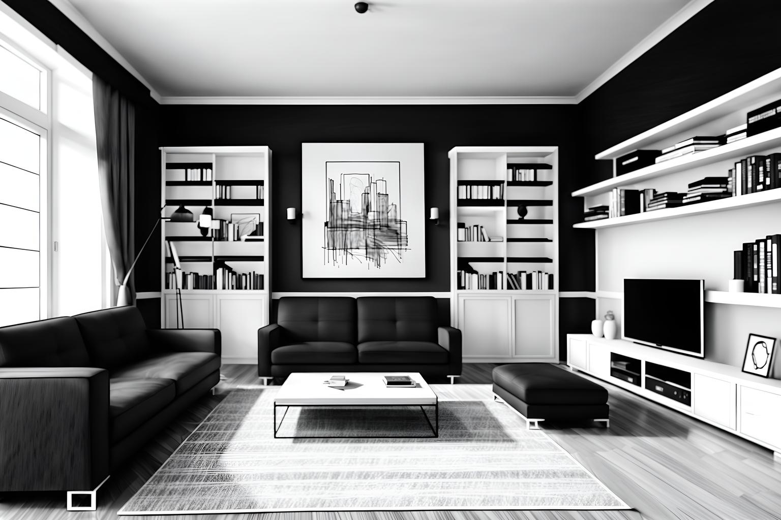 (hand-drawn monochrome black and white sketch line drawing)++ of sketch-style (living room) apartment interior. a sketch of interior. with . a sketch of interior. with bookshelves and televisions and coffee tables. trending on artstation. black and white line drawing sketch without colors. masterpiece, cinematic light, ultrarealistic+, photorealistic+, 8k, raw photo, realistic, sharp focus on eyes, (symmetrical eyes), (intact eyes), hyperrealistic, highest quality, best quality, , highly detailed, masterpiece, best quality, extremely detailed 8k wallpaper, masterpiece, best quality, ultra-detailed, best shadow, detailed background, detailed face, detailed eyes, high contrast, best illumination, detailed face, dulux, caustic, dynamic angle, detailed glow. dramatic lighting. highly detailed, insanely detailed hair, symmetrical, intricate details, professionally retouched, 8k high definition. strong bokeh. award winning photo.