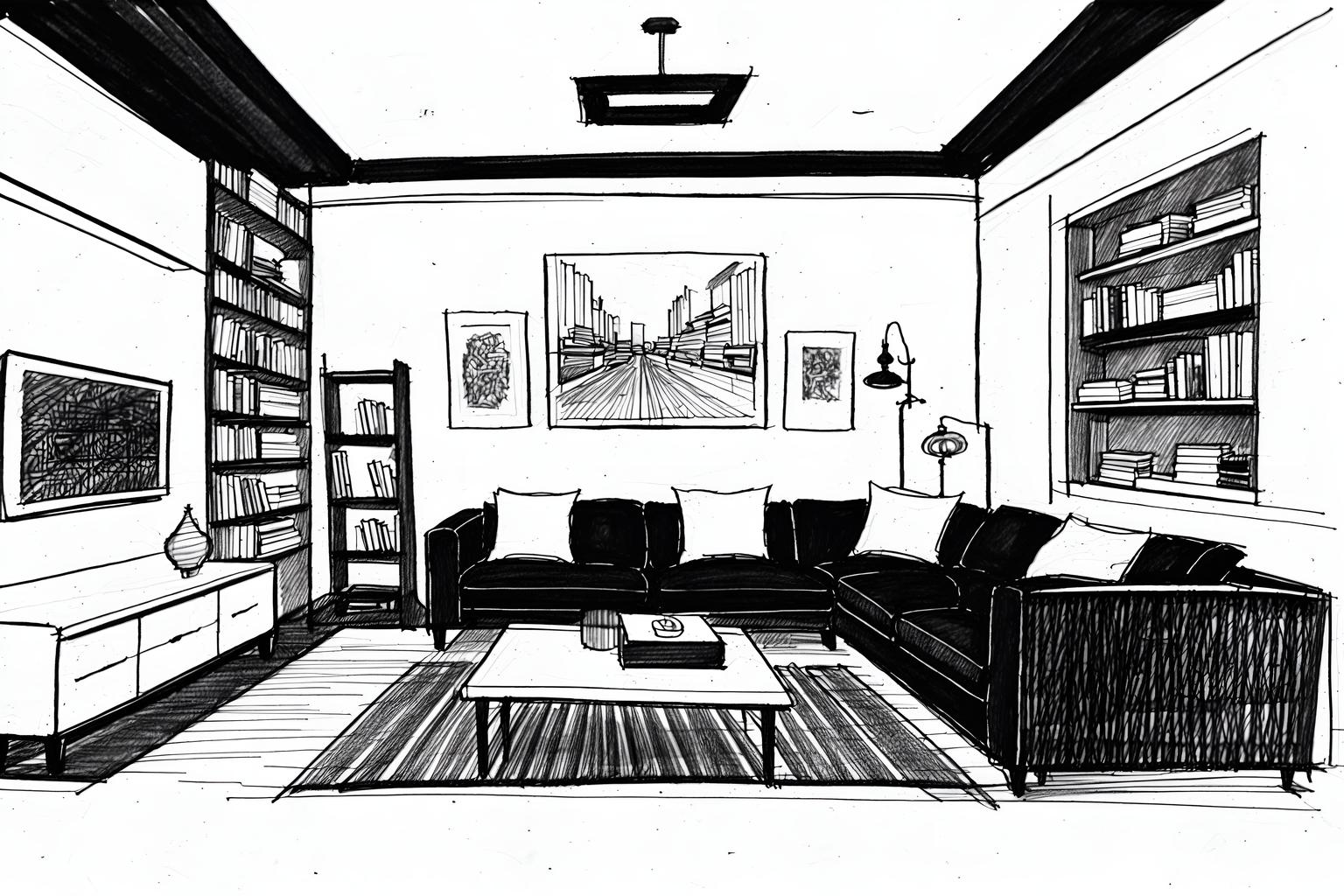 (hand-drawn monochrome black and white sketch line drawing)++ of sketch-style (living room) apartment interior. a sketch of interior. with . a sketch of interior. with bookshelves and televisions and coffee tables. trending on artstation. black and white line drawing sketch without colors. masterpiece, cinematic light, ultrarealistic+, photorealistic+, 8k, raw photo, realistic, sharp focus on eyes, (symmetrical eyes), (intact eyes), hyperrealistic, highest quality, best quality, , highly detailed, masterpiece, best quality, extremely detailed 8k wallpaper, masterpiece, best quality, ultra-detailed, best shadow, detailed background, detailed face, detailed eyes, high contrast, best illumination, detailed face, dulux, caustic, dynamic angle, detailed glow. dramatic lighting. highly detailed, insanely detailed hair, symmetrical, intricate details, professionally retouched, 8k high definition. strong bokeh. award winning photo.