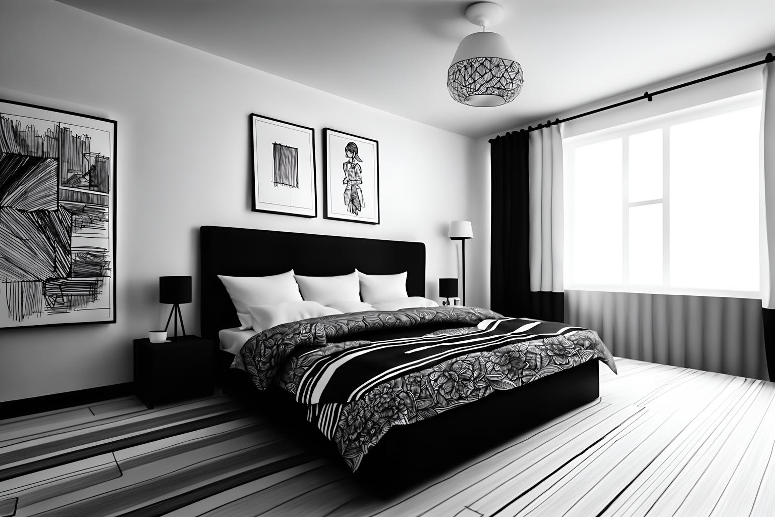 (hand-drawn monochrome black and white sketch line drawing)++ of sketch-style (bedroom) apartment interior. a sketch of interior. with . a sketch of interior. with headboard and bed and night light. trending on artstation. black and white line drawing sketch without colors. masterpiece, cinematic light, ultrarealistic+, photorealistic+, 8k, raw photo, realistic, sharp focus on eyes, (symmetrical eyes), (intact eyes), hyperrealistic, highest quality, best quality, , highly detailed, masterpiece, best quality, extremely detailed 8k wallpaper, masterpiece, best quality, ultra-detailed, best shadow, detailed background, detailed face, detailed eyes, high contrast, best illumination, detailed face, dulux, caustic, dynamic angle, detailed glow. dramatic lighting. highly detailed, insanely detailed hair, symmetrical, intricate details, professionally retouched, 8k high definition. strong bokeh. award winning photo.