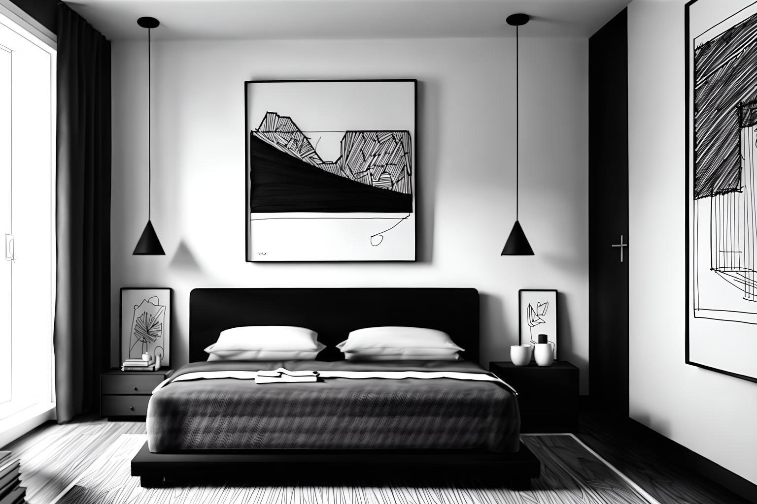(hand-drawn monochrome black and white sketch line drawing)++ of sketch-style (bedroom) apartment interior. a sketch of interior. with . a sketch of interior. with headboard and bed and night light. trending on artstation. black and white line drawing sketch without colors. masterpiece, cinematic light, ultrarealistic+, photorealistic+, 8k, raw photo, realistic, sharp focus on eyes, (symmetrical eyes), (intact eyes), hyperrealistic, highest quality, best quality, , highly detailed, masterpiece, best quality, extremely detailed 8k wallpaper, masterpiece, best quality, ultra-detailed, best shadow, detailed background, detailed face, detailed eyes, high contrast, best illumination, detailed face, dulux, caustic, dynamic angle, detailed glow. dramatic lighting. highly detailed, insanely detailed hair, symmetrical, intricate details, professionally retouched, 8k high definition. strong bokeh. award winning photo.