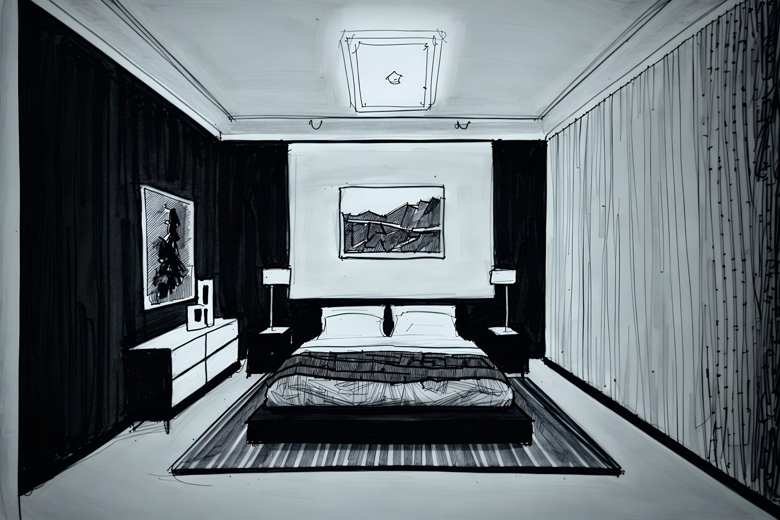 (hand-drawn monochrome black and white sketch line drawing)++ of sketch-style (bedroom) apartment interior. a sketch of interior. with . a sketch of interior. with headboard and bed and night light. trending on artstation. black and white line drawing sketch without colors. masterpiece, cinematic light, ultrarealistic+, photorealistic+, 8k, raw photo, realistic, sharp focus on eyes, (symmetrical eyes), (intact eyes), hyperrealistic, highest quality, best quality, , highly detailed, masterpiece, best quality, extremely detailed 8k wallpaper, masterpiece, best quality, ultra-detailed, best shadow, detailed background, detailed face, detailed eyes, high contrast, best illumination, detailed face, dulux, caustic, dynamic angle, detailed glow. dramatic lighting. highly detailed, insanely detailed hair, symmetrical, intricate details, professionally retouched, 8k high definition. strong bokeh. award winning photo.