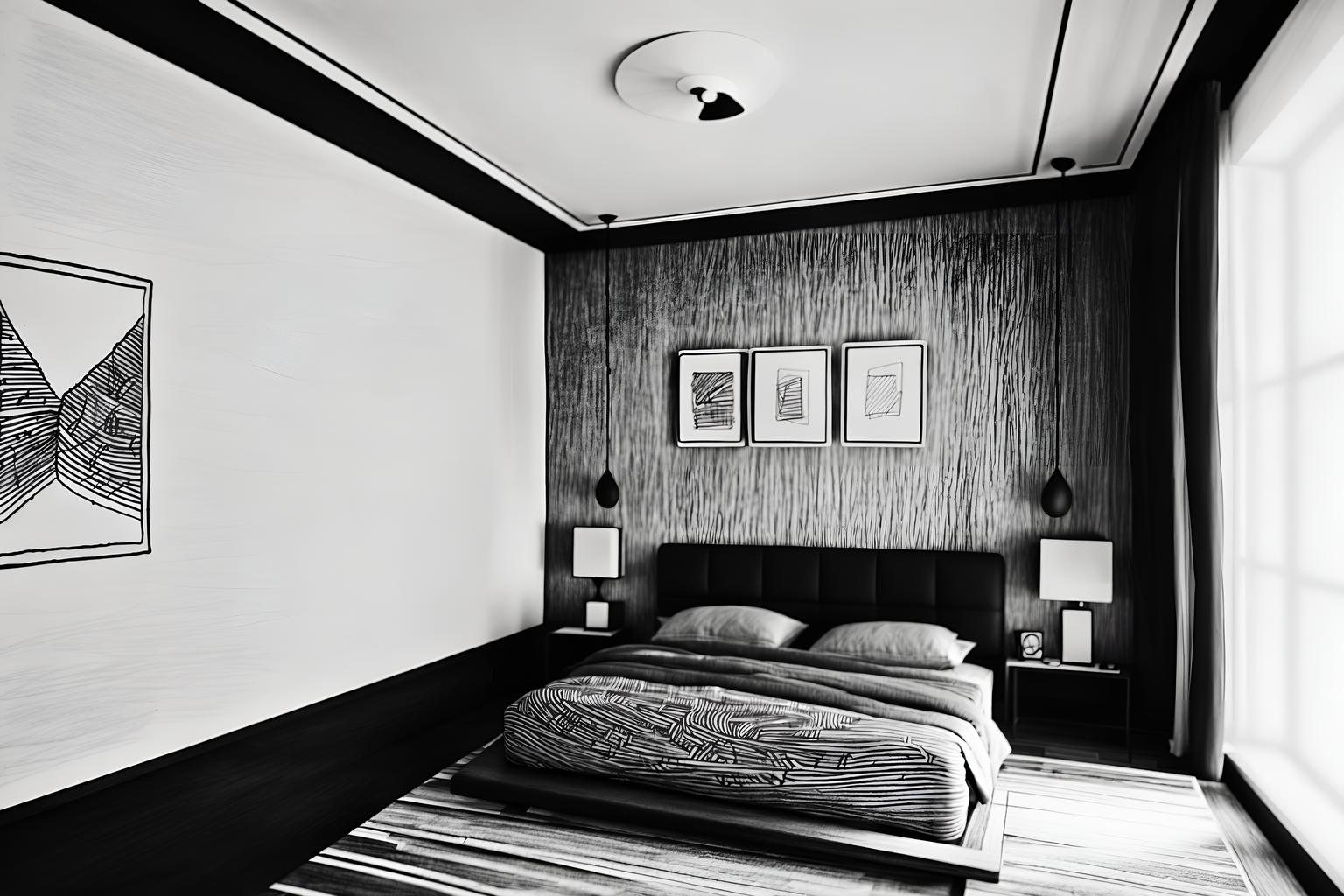 (hand-drawn monochrome black and white sketch line drawing)++ of sketch-style (bedroom) apartment interior. a sketch of interior. with . a sketch of interior. with headboard and bed and night light. trending on artstation. black and white line drawing sketch without colors. masterpiece, cinematic light, ultrarealistic+, photorealistic+, 8k, raw photo, realistic, sharp focus on eyes, (symmetrical eyes), (intact eyes), hyperrealistic, highest quality, best quality, , highly detailed, masterpiece, best quality, extremely detailed 8k wallpaper, masterpiece, best quality, ultra-detailed, best shadow, detailed background, detailed face, detailed eyes, high contrast, best illumination, detailed face, dulux, caustic, dynamic angle, detailed glow. dramatic lighting. highly detailed, insanely detailed hair, symmetrical, intricate details, professionally retouched, 8k high definition. strong bokeh. award winning photo.