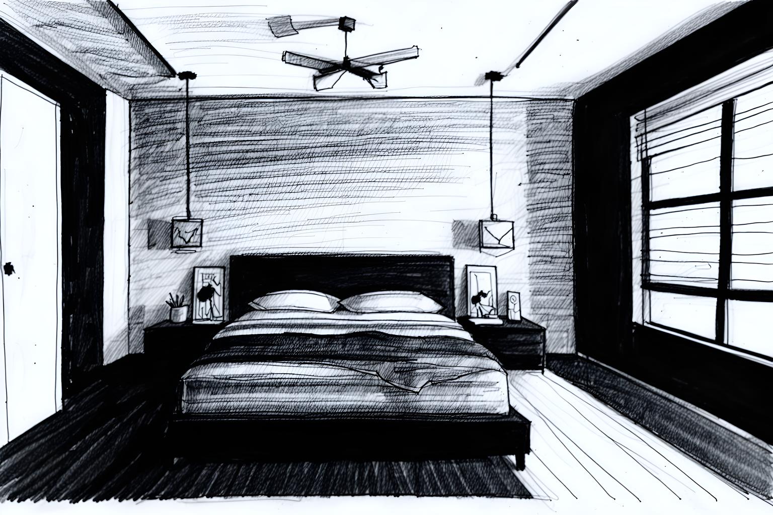 (hand-drawn monochrome black and white sketch line drawing)++ of sketch-style (bedroom) apartment interior. a sketch of interior. with . a sketch of interior. with headboard and bed and night light. trending on artstation. black and white line drawing sketch without colors. masterpiece, cinematic light, ultrarealistic+, photorealistic+, 8k, raw photo, realistic, sharp focus on eyes, (symmetrical eyes), (intact eyes), hyperrealistic, highest quality, best quality, , highly detailed, masterpiece, best quality, extremely detailed 8k wallpaper, masterpiece, best quality, ultra-detailed, best shadow, detailed background, detailed face, detailed eyes, high contrast, best illumination, detailed face, dulux, caustic, dynamic angle, detailed glow. dramatic lighting. highly detailed, insanely detailed hair, symmetrical, intricate details, professionally retouched, 8k high definition. strong bokeh. award winning photo.