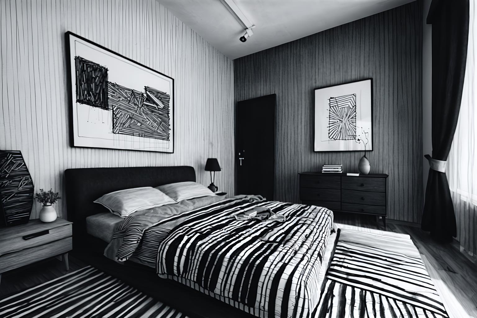 (hand-drawn monochrome black and white sketch line drawing)++ of sketch-style (bedroom) apartment interior. a sketch of interior. with . a sketch of interior. with headboard and bed and night light. trending on artstation. black and white line drawing sketch without colors. masterpiece, cinematic light, ultrarealistic+, photorealistic+, 8k, raw photo, realistic, sharp focus on eyes, (symmetrical eyes), (intact eyes), hyperrealistic, highest quality, best quality, , highly detailed, masterpiece, best quality, extremely detailed 8k wallpaper, masterpiece, best quality, ultra-detailed, best shadow, detailed background, detailed face, detailed eyes, high contrast, best illumination, detailed face, dulux, caustic, dynamic angle, detailed glow. dramatic lighting. highly detailed, insanely detailed hair, symmetrical, intricate details, professionally retouched, 8k high definition. strong bokeh. award winning photo.