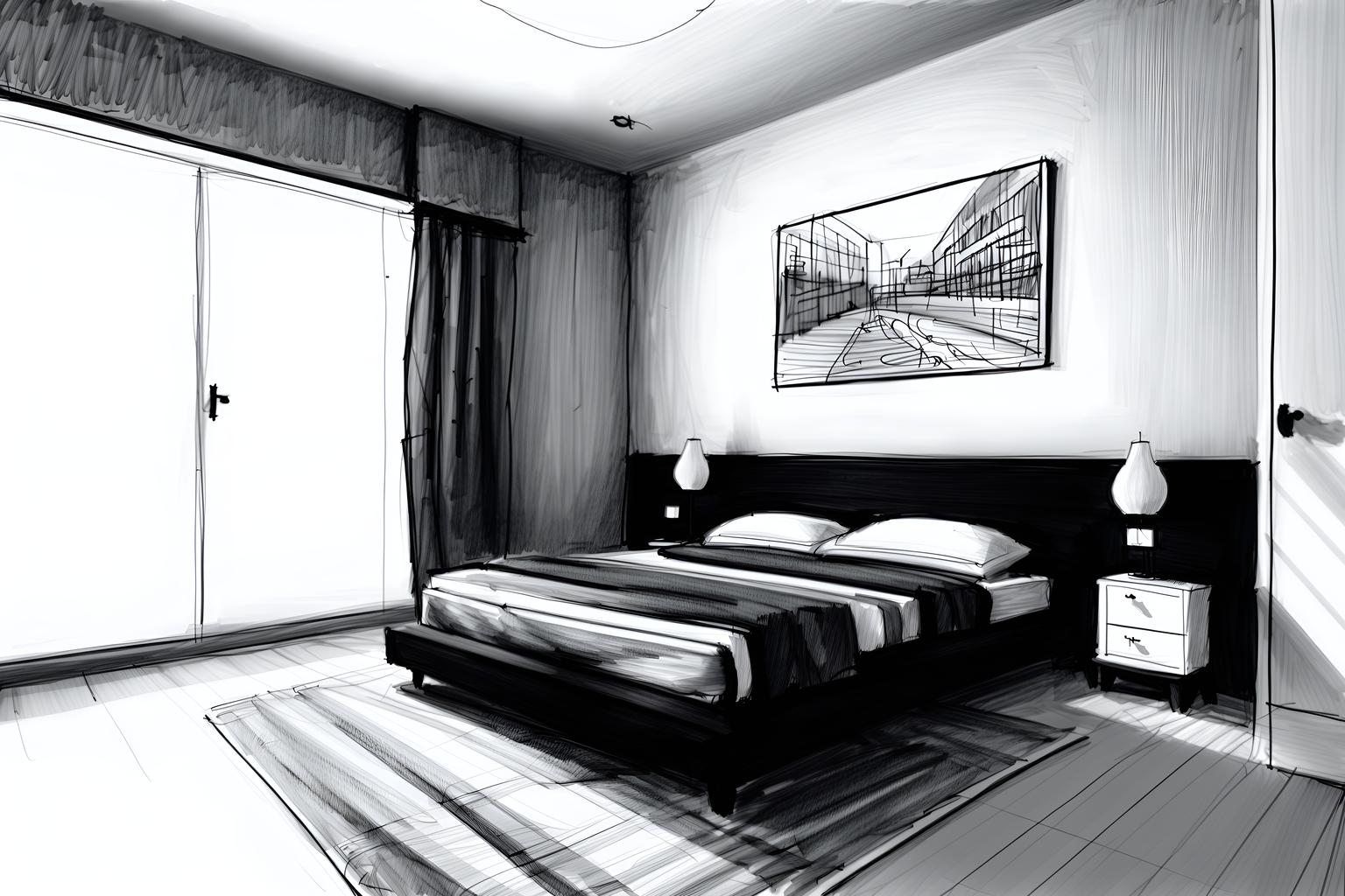 (hand-drawn monochrome black and white sketch line drawing)++ of sketch-style (bedroom) apartment interior. a sketch of interior. with . a sketch of interior. with headboard and bed and night light. trending on artstation. black and white line drawing sketch without colors. masterpiece, cinematic light, ultrarealistic+, photorealistic+, 8k, raw photo, realistic, sharp focus on eyes, (symmetrical eyes), (intact eyes), hyperrealistic, highest quality, best quality, , highly detailed, masterpiece, best quality, extremely detailed 8k wallpaper, masterpiece, best quality, ultra-detailed, best shadow, detailed background, detailed face, detailed eyes, high contrast, best illumination, detailed face, dulux, caustic, dynamic angle, detailed glow. dramatic lighting. highly detailed, insanely detailed hair, symmetrical, intricate details, professionally retouched, 8k high definition. strong bokeh. award winning photo.