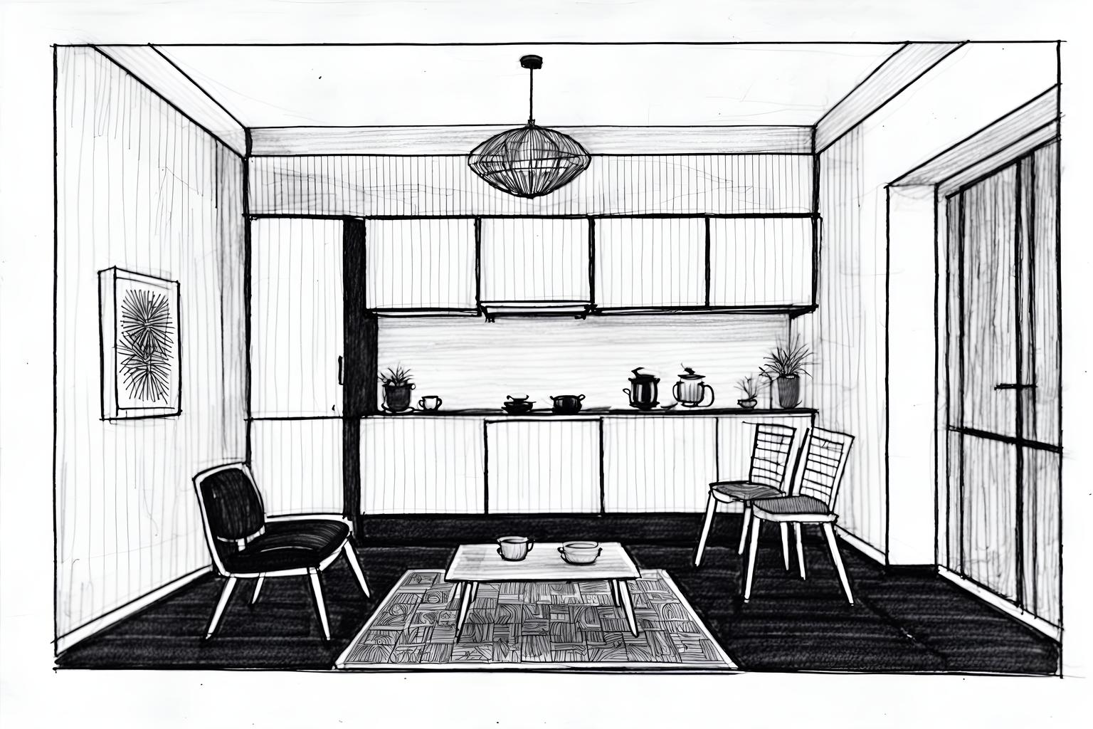 (hand-drawn monochrome black and white sketch line drawing)++ of sketch-style (kitchen living combo) apartment interior. a sketch of interior. with . a sketch of interior. with chairs and stove and plant. trending on artstation. black and white line drawing sketch without colors. masterpiece, cinematic light, ultrarealistic+, photorealistic+, 8k, raw photo, realistic, sharp focus on eyes, (symmetrical eyes), (intact eyes), hyperrealistic, highest quality, best quality, , highly detailed, masterpiece, best quality, extremely detailed 8k wallpaper, masterpiece, best quality, ultra-detailed, best shadow, detailed background, detailed face, detailed eyes, high contrast, best illumination, detailed face, dulux, caustic, dynamic angle, detailed glow. dramatic lighting. highly detailed, insanely detailed hair, symmetrical, intricate details, professionally retouched, 8k high definition. strong bokeh. award winning photo.