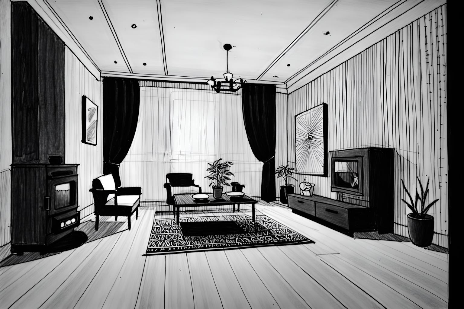 (hand-drawn monochrome black and white sketch line drawing)++ of sketch-style (kitchen living combo) apartment interior. a sketch of interior. with . a sketch of interior. with chairs and stove and plant. trending on artstation. black and white line drawing sketch without colors. masterpiece, cinematic light, ultrarealistic+, photorealistic+, 8k, raw photo, realistic, sharp focus on eyes, (symmetrical eyes), (intact eyes), hyperrealistic, highest quality, best quality, , highly detailed, masterpiece, best quality, extremely detailed 8k wallpaper, masterpiece, best quality, ultra-detailed, best shadow, detailed background, detailed face, detailed eyes, high contrast, best illumination, detailed face, dulux, caustic, dynamic angle, detailed glow. dramatic lighting. highly detailed, insanely detailed hair, symmetrical, intricate details, professionally retouched, 8k high definition. strong bokeh. award winning photo.