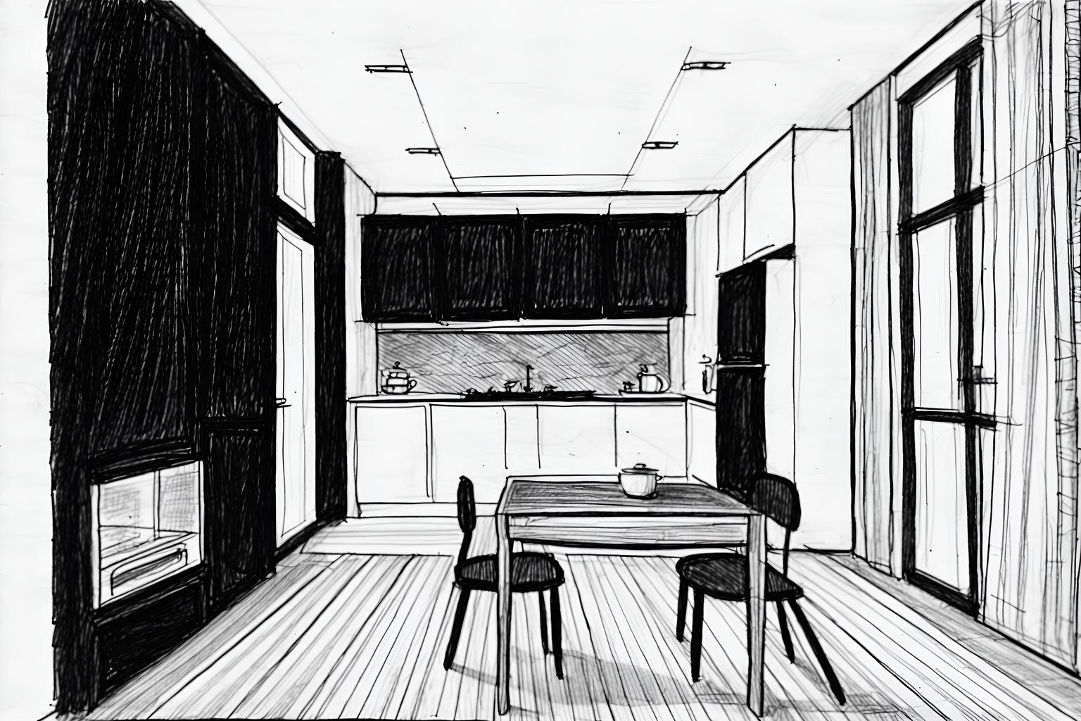 (hand-drawn monochrome black and white sketch line drawing)++ of sketch-style (kitchen living combo) apartment interior. a sketch of interior. with . a sketch of interior. with chairs and stove and plant. trending on artstation. black and white line drawing sketch without colors. masterpiece, cinematic light, ultrarealistic+, photorealistic+, 8k, raw photo, realistic, sharp focus on eyes, (symmetrical eyes), (intact eyes), hyperrealistic, highest quality, best quality, , highly detailed, masterpiece, best quality, extremely detailed 8k wallpaper, masterpiece, best quality, ultra-detailed, best shadow, detailed background, detailed face, detailed eyes, high contrast, best illumination, detailed face, dulux, caustic, dynamic angle, detailed glow. dramatic lighting. highly detailed, insanely detailed hair, symmetrical, intricate details, professionally retouched, 8k high definition. strong bokeh. award winning photo.