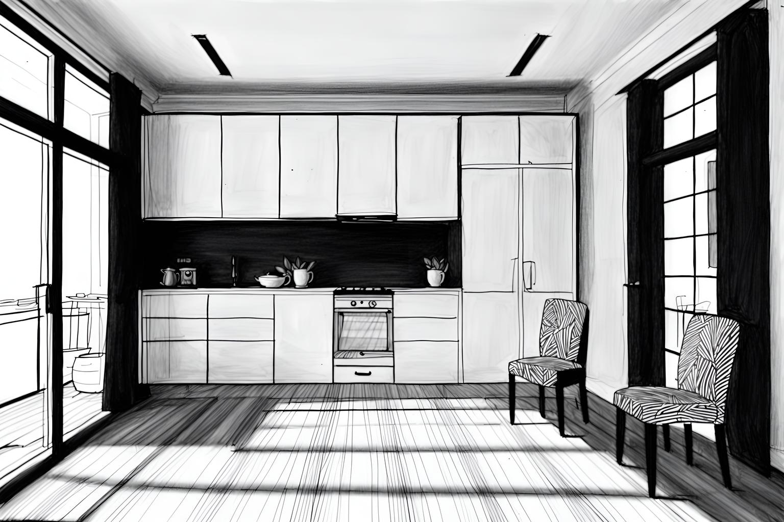 (hand-drawn monochrome black and white sketch line drawing)++ of sketch-style (kitchen living combo) apartment interior. a sketch of interior. with . a sketch of interior. with chairs and stove and plant. trending on artstation. black and white line drawing sketch without colors. masterpiece, cinematic light, ultrarealistic+, photorealistic+, 8k, raw photo, realistic, sharp focus on eyes, (symmetrical eyes), (intact eyes), hyperrealistic, highest quality, best quality, , highly detailed, masterpiece, best quality, extremely detailed 8k wallpaper, masterpiece, best quality, ultra-detailed, best shadow, detailed background, detailed face, detailed eyes, high contrast, best illumination, detailed face, dulux, caustic, dynamic angle, detailed glow. dramatic lighting. highly detailed, insanely detailed hair, symmetrical, intricate details, professionally retouched, 8k high definition. strong bokeh. award winning photo.