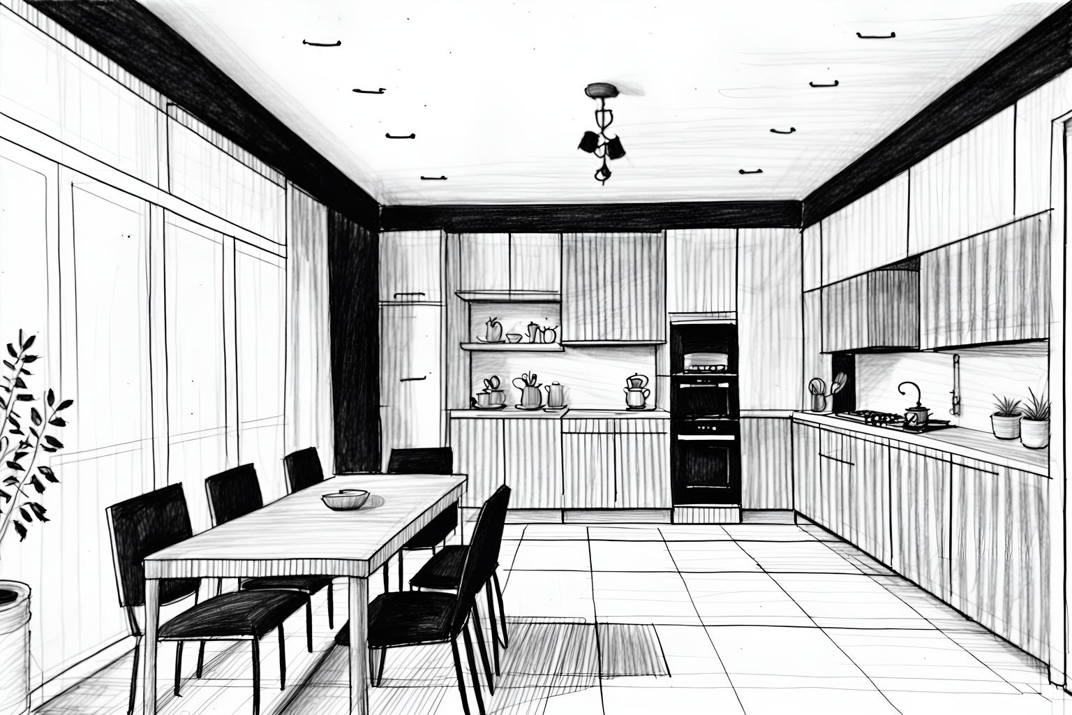 (hand-drawn monochrome black and white sketch line drawing)++ of sketch-style (kitchen living combo) apartment interior. a sketch of interior. with . a sketch of interior. with chairs and stove and plant. trending on artstation. black and white line drawing sketch without colors. masterpiece, cinematic light, ultrarealistic+, photorealistic+, 8k, raw photo, realistic, sharp focus on eyes, (symmetrical eyes), (intact eyes), hyperrealistic, highest quality, best quality, , highly detailed, masterpiece, best quality, extremely detailed 8k wallpaper, masterpiece, best quality, ultra-detailed, best shadow, detailed background, detailed face, detailed eyes, high contrast, best illumination, detailed face, dulux, caustic, dynamic angle, detailed glow. dramatic lighting. highly detailed, insanely detailed hair, symmetrical, intricate details, professionally retouched, 8k high definition. strong bokeh. award winning photo.