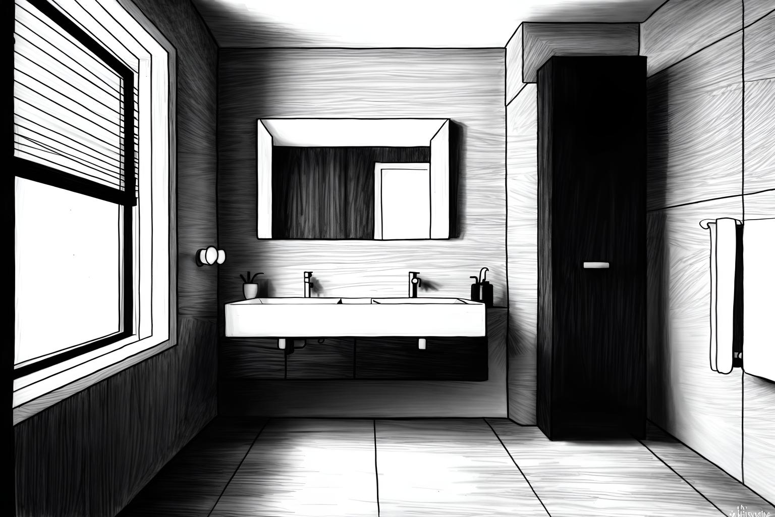 (hand-drawn monochrome black and white sketch line drawing)++ of sketch-style (bathroom) apartment interior. a sketch of interior. with . a sketch of interior. with bathroom sink with faucet and plant and mirror. trending on artstation. black and white line drawing sketch without colors. masterpiece, cinematic light, ultrarealistic+, photorealistic+, 8k, raw photo, realistic, sharp focus on eyes, (symmetrical eyes), (intact eyes), hyperrealistic, highest quality, best quality, , highly detailed, masterpiece, best quality, extremely detailed 8k wallpaper, masterpiece, best quality, ultra-detailed, best shadow, detailed background, detailed face, detailed eyes, high contrast, best illumination, detailed face, dulux, caustic, dynamic angle, detailed glow. dramatic lighting. highly detailed, insanely detailed hair, symmetrical, intricate details, professionally retouched, 8k high definition. strong bokeh. award winning photo.