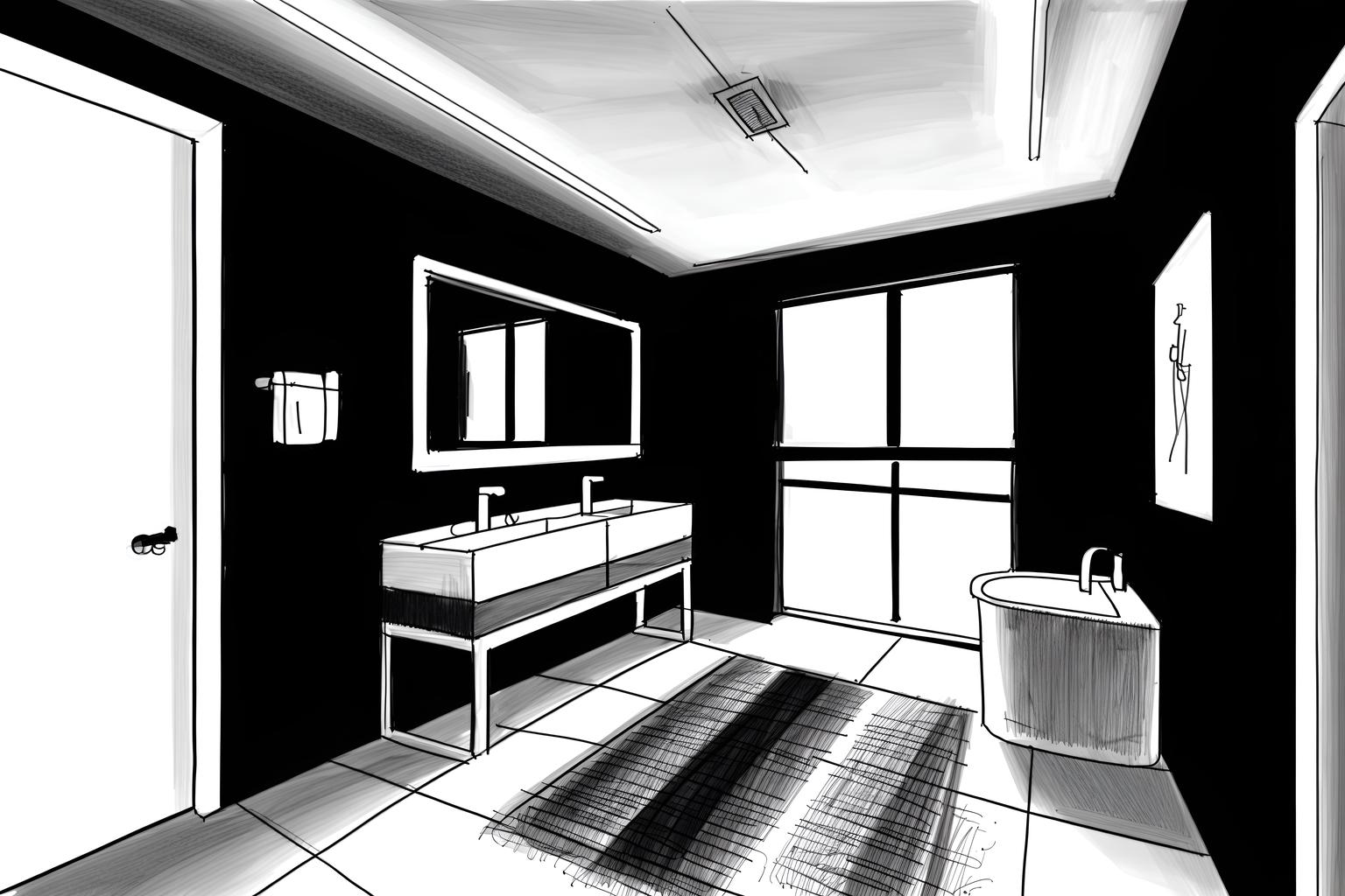 (hand-drawn monochrome black and white sketch line drawing)++ of sketch-style (bathroom) apartment interior. a sketch of interior. with . a sketch of interior. with bathroom sink with faucet and plant and mirror. trending on artstation. black and white line drawing sketch without colors. masterpiece, cinematic light, ultrarealistic+, photorealistic+, 8k, raw photo, realistic, sharp focus on eyes, (symmetrical eyes), (intact eyes), hyperrealistic, highest quality, best quality, , highly detailed, masterpiece, best quality, extremely detailed 8k wallpaper, masterpiece, best quality, ultra-detailed, best shadow, detailed background, detailed face, detailed eyes, high contrast, best illumination, detailed face, dulux, caustic, dynamic angle, detailed glow. dramatic lighting. highly detailed, insanely detailed hair, symmetrical, intricate details, professionally retouched, 8k high definition. strong bokeh. award winning photo.