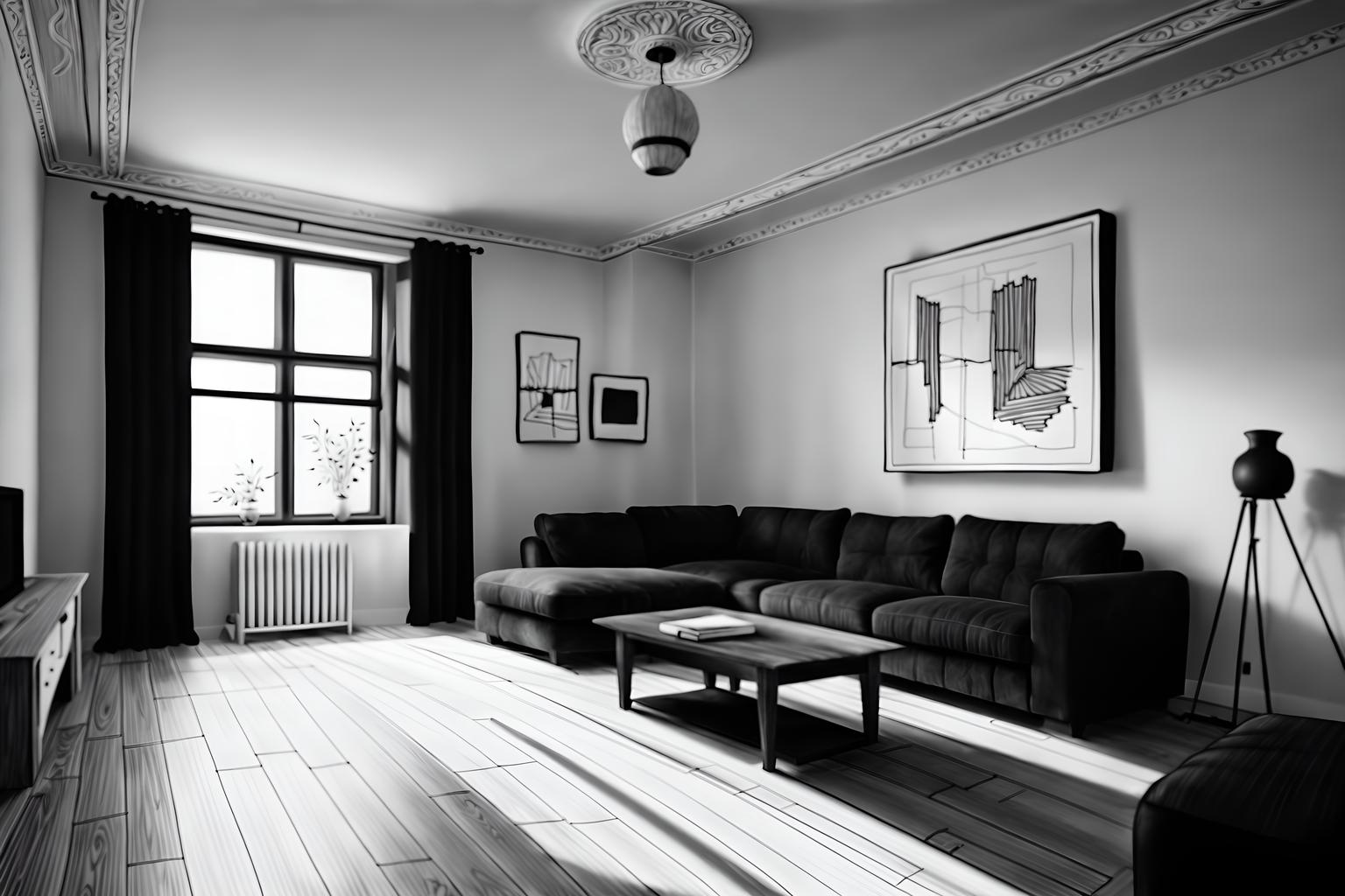 (hand-drawn monochrome black and white sketch line drawing)++ of sketch-style (attic) apartment interior. a sketch of interior. with . a sketch of interior. trending on artstation. black and white line drawing sketch without colors. masterpiece, cinematic light, ultrarealistic+, photorealistic+, 8k, raw photo, realistic, sharp focus on eyes, (symmetrical eyes), (intact eyes), hyperrealistic, highest quality, best quality, , highly detailed, masterpiece, best quality, extremely detailed 8k wallpaper, masterpiece, best quality, ultra-detailed, best shadow, detailed background, detailed face, detailed eyes, high contrast, best illumination, detailed face, dulux, caustic, dynamic angle, detailed glow. dramatic lighting. highly detailed, insanely detailed hair, symmetrical, intricate details, professionally retouched, 8k high definition. strong bokeh. award winning photo.