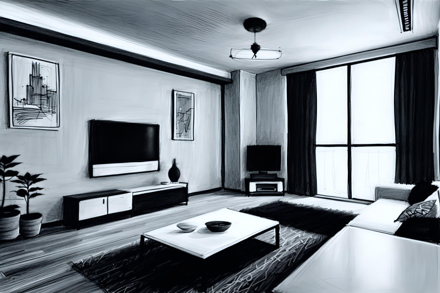 (hand-drawn monochrome black and white sketch line drawing)++ of sketch-style (living room) apartment interior. a sketch of interior. with . . a sketch of interior. with televisions and plant and occasional tables. trending on artstation. black and white line drawing sketch without colors. masterpiece, cinematic light, ultrarealistic+, photorealistic+, 8k, raw photo, realistic, sharp focus on eyes, (symmetrical eyes), (intact eyes), hyperrealistic, highest quality, best quality, , highly detailed, masterpiece, best quality, extremely detailed 8k wallpaper, masterpiece, best quality, ultra-detailed, best shadow, detailed background, detailed face, detailed eyes, high contrast, best illumination, detailed face, dulux, caustic, dynamic angle, detailed glow. dramatic lighting. highly detailed, insanely detailed hair, symmetrical, intricate details, professionally retouched, 8k high definition. strong bokeh. award winning photo.