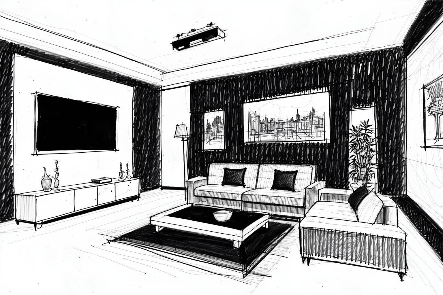 (hand-drawn monochrome black and white sketch line drawing)++ of sketch-style (living room) apartment interior. a sketch of interior. with . . a sketch of interior. with televisions and plant and occasional tables. trending on artstation. black and white line drawing sketch without colors. masterpiece, cinematic light, ultrarealistic+, photorealistic+, 8k, raw photo, realistic, sharp focus on eyes, (symmetrical eyes), (intact eyes), hyperrealistic, highest quality, best quality, , highly detailed, masterpiece, best quality, extremely detailed 8k wallpaper, masterpiece, best quality, ultra-detailed, best shadow, detailed background, detailed face, detailed eyes, high contrast, best illumination, detailed face, dulux, caustic, dynamic angle, detailed glow. dramatic lighting. highly detailed, insanely detailed hair, symmetrical, intricate details, professionally retouched, 8k high definition. strong bokeh. award winning photo.