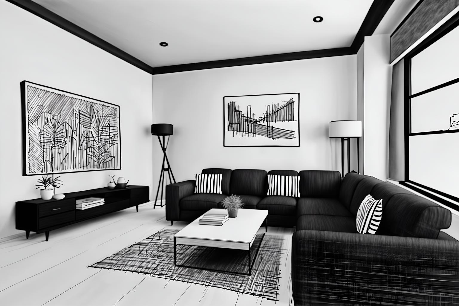 (hand-drawn monochrome black and white sketch line drawing)++ of sketch-style (living room) apartment interior. a sketch of interior. with . . a sketch of interior. with televisions and plant and occasional tables. trending on artstation. black and white line drawing sketch without colors. masterpiece, cinematic light, ultrarealistic+, photorealistic+, 8k, raw photo, realistic, sharp focus on eyes, (symmetrical eyes), (intact eyes), hyperrealistic, highest quality, best quality, , highly detailed, masterpiece, best quality, extremely detailed 8k wallpaper, masterpiece, best quality, ultra-detailed, best shadow, detailed background, detailed face, detailed eyes, high contrast, best illumination, detailed face, dulux, caustic, dynamic angle, detailed glow. dramatic lighting. highly detailed, insanely detailed hair, symmetrical, intricate details, professionally retouched, 8k high definition. strong bokeh. award winning photo.