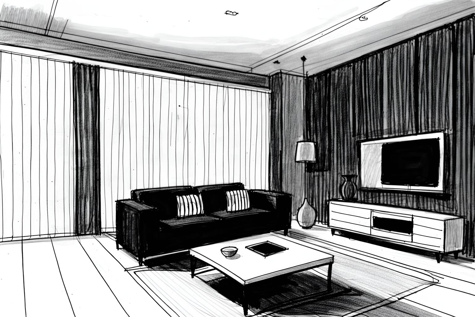 (hand-drawn monochrome black and white sketch line drawing)++ of sketch-style (living room) apartment interior. a sketch of interior. with . . a sketch of interior. with televisions and plant and occasional tables. trending on artstation. black and white line drawing sketch without colors. masterpiece, cinematic light, ultrarealistic+, photorealistic+, 8k, raw photo, realistic, sharp focus on eyes, (symmetrical eyes), (intact eyes), hyperrealistic, highest quality, best quality, , highly detailed, masterpiece, best quality, extremely detailed 8k wallpaper, masterpiece, best quality, ultra-detailed, best shadow, detailed background, detailed face, detailed eyes, high contrast, best illumination, detailed face, dulux, caustic, dynamic angle, detailed glow. dramatic lighting. highly detailed, insanely detailed hair, symmetrical, intricate details, professionally retouched, 8k high definition. strong bokeh. award winning photo.